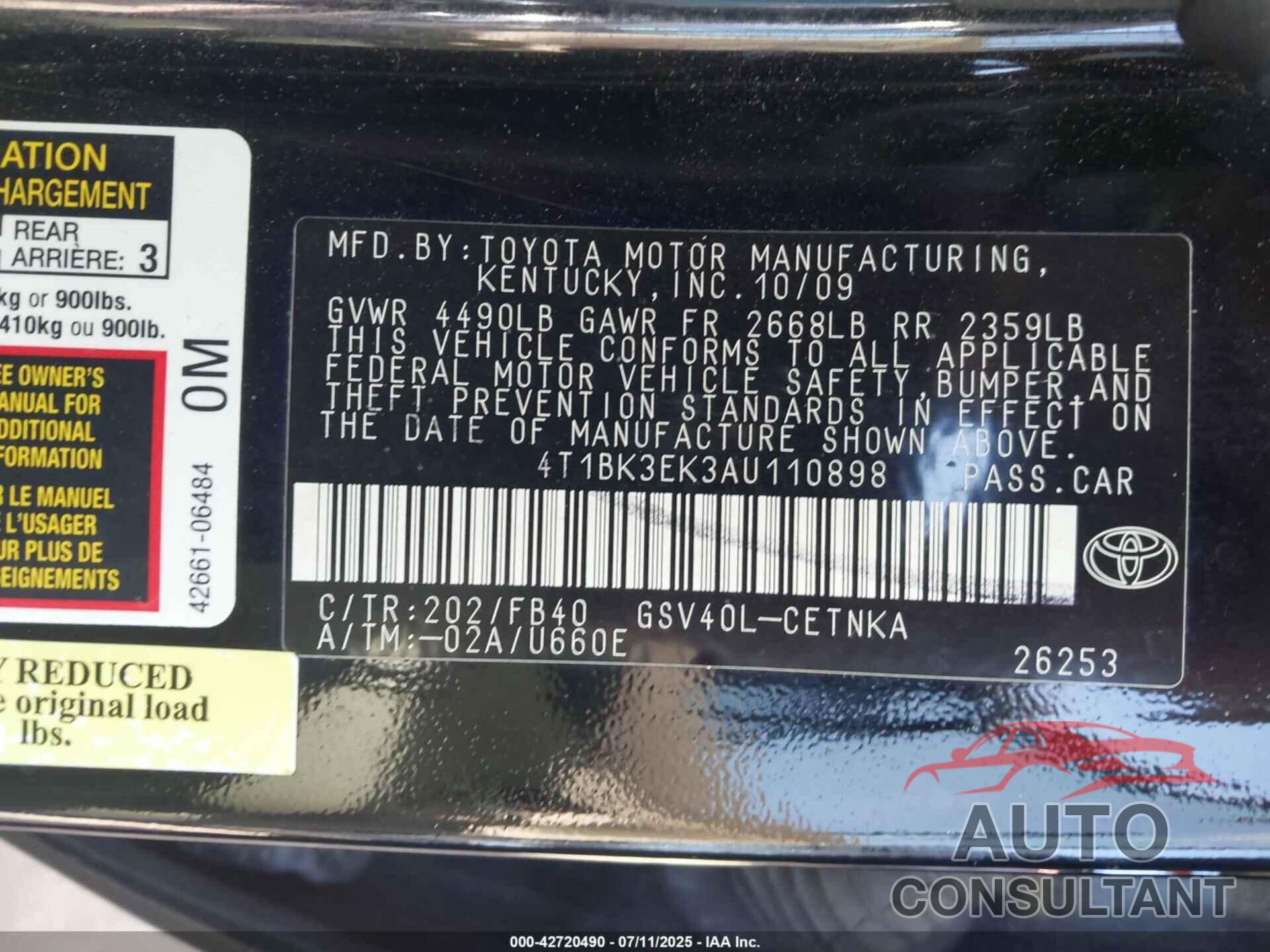 TOYOTA CAMRY 2010 - 4T1BK3EK3AU110898