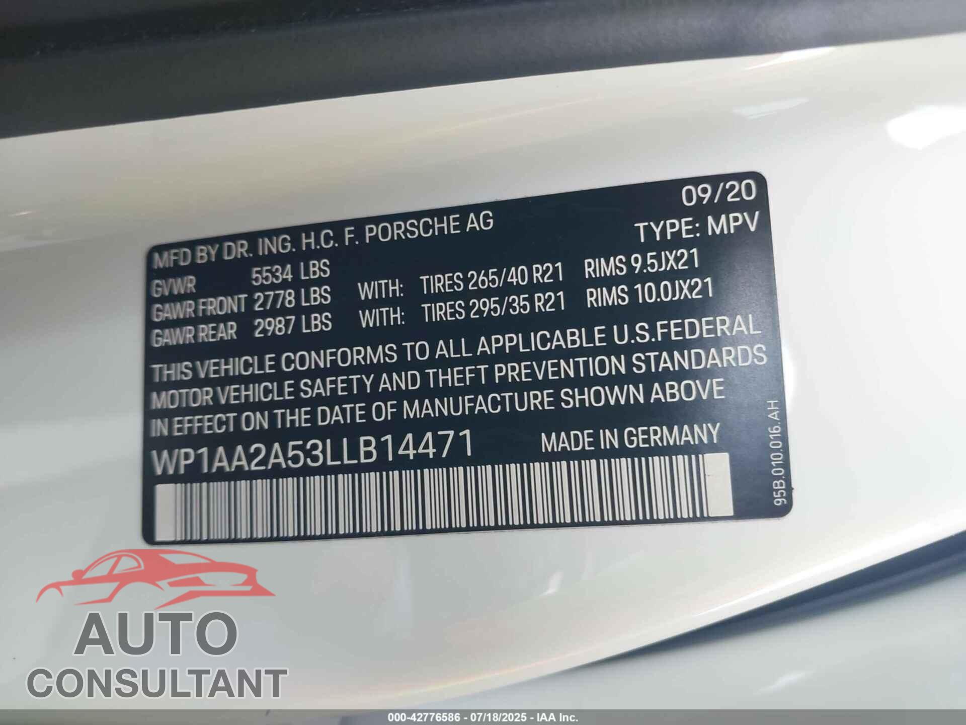 PORSCHE MACAN 2020 - WP1AA2A53LLB14471