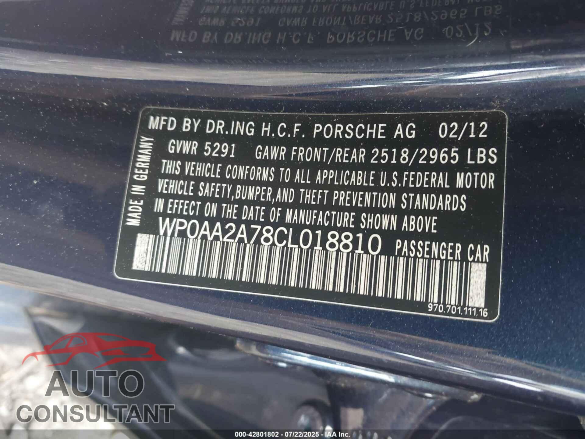 PORSCHE PANAMERA 2012 - WP0AA2A78CL018810
