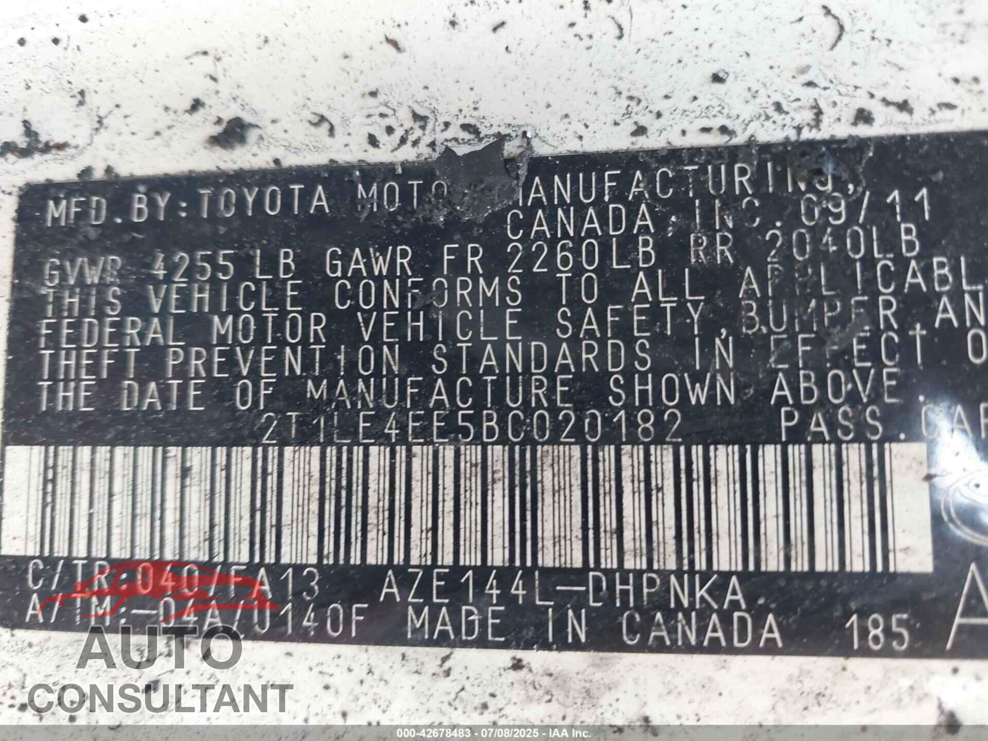 TOYOTA MATRIX 2011 - 2T1LE4EE5BC020182