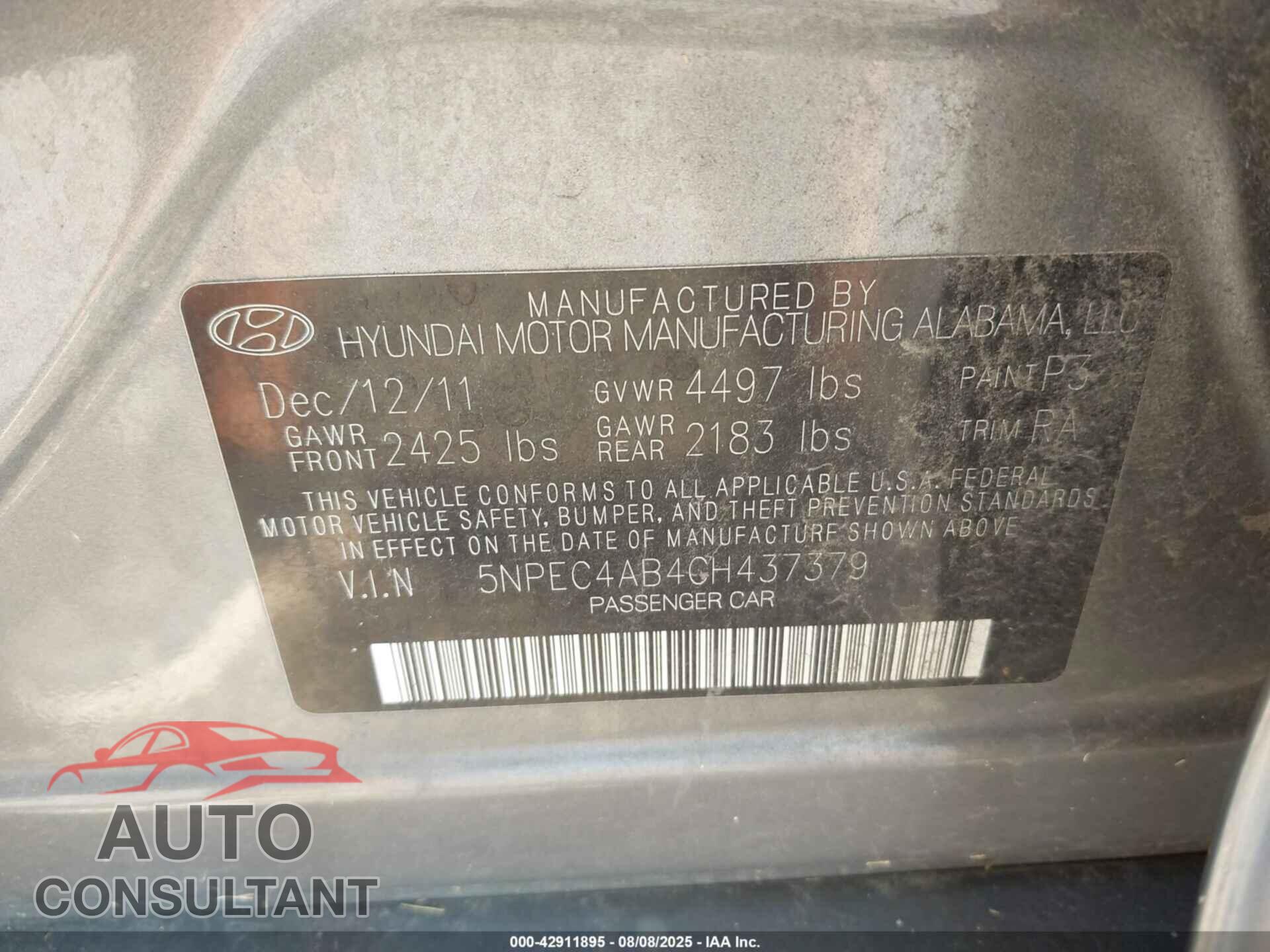 HYUNDAI SONATA 2012 - 5NPEC4AB4CH437379