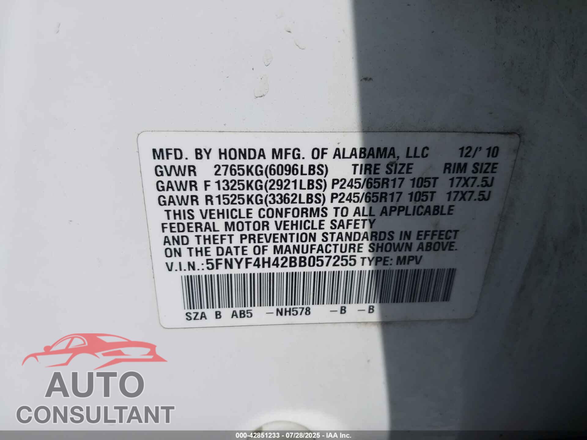 HONDA PILOT 2011 - 5FNYF4H42BB057255