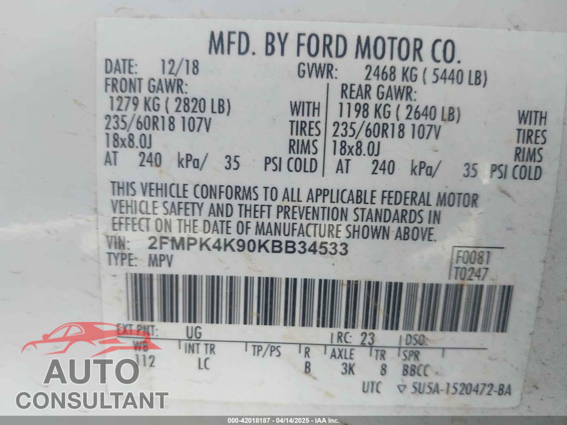 FORD EDGE 2019 - 2FMPK4K90KBB34533