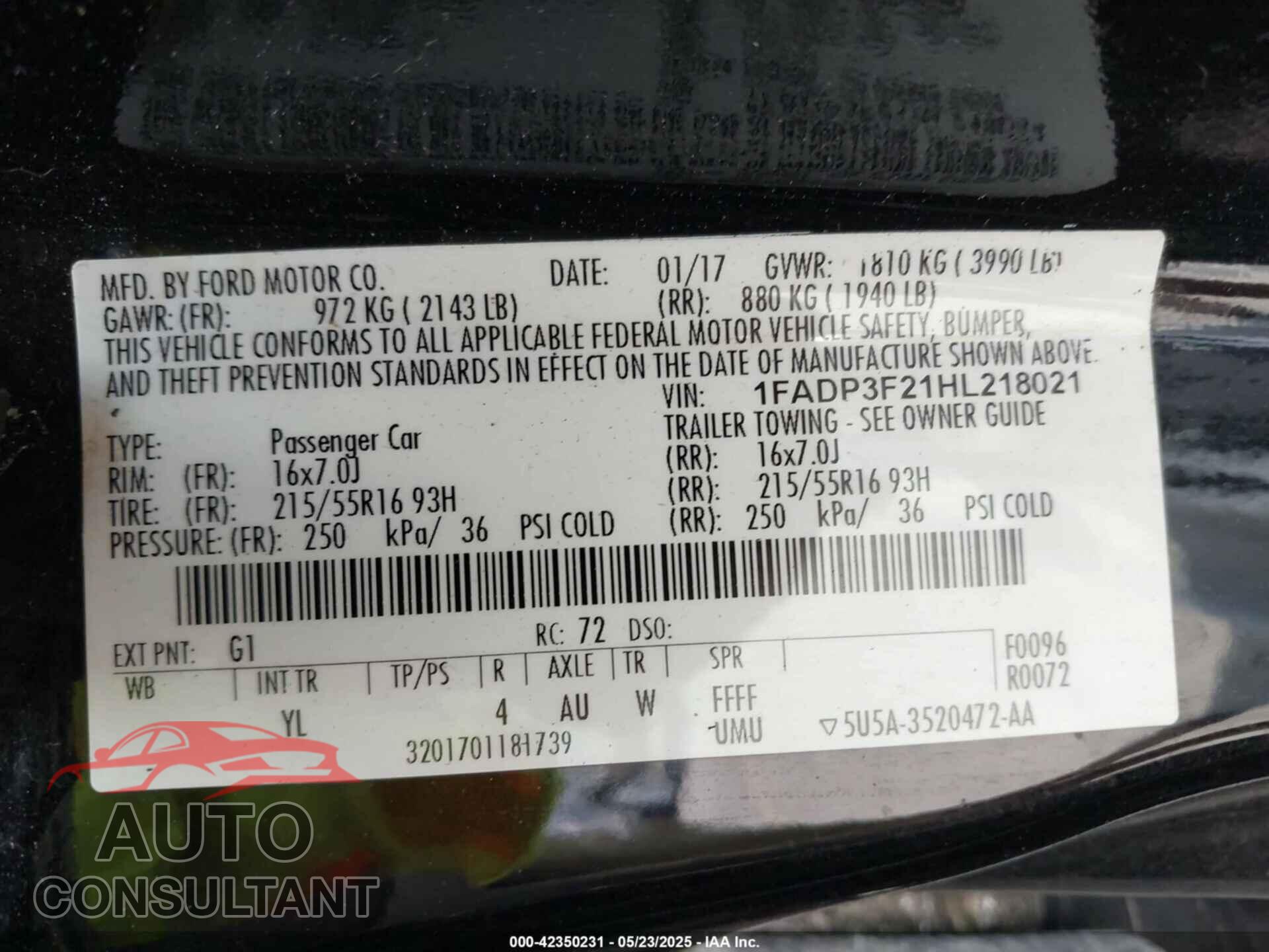 FORD FOCUS 2017 - 1FADP3F21HL218021