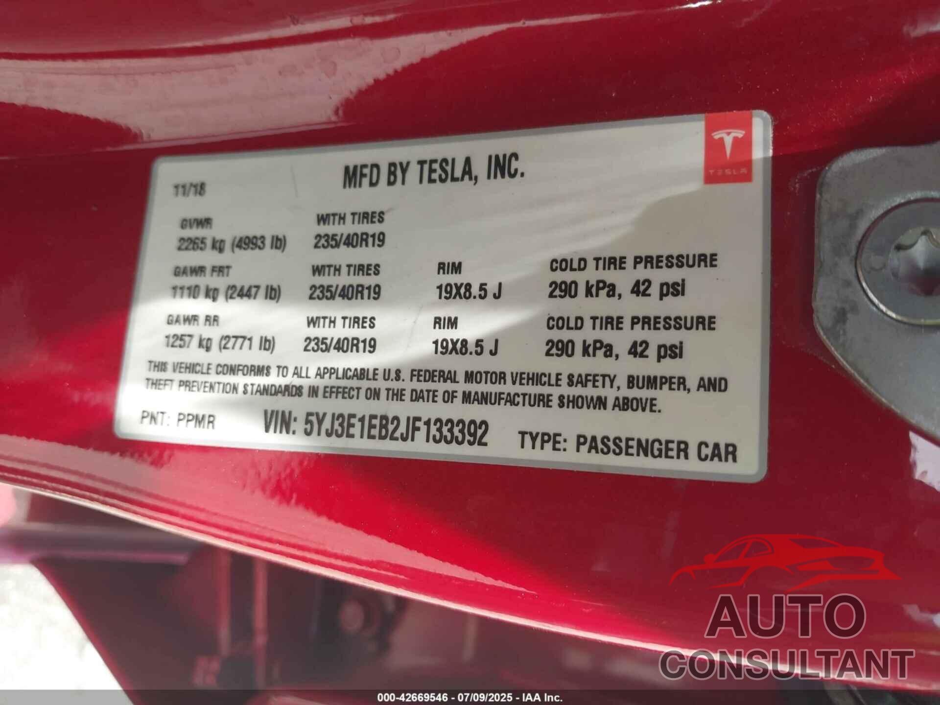 TESLA MODEL 3 2018 - 5YJ3E1EB2JF133392