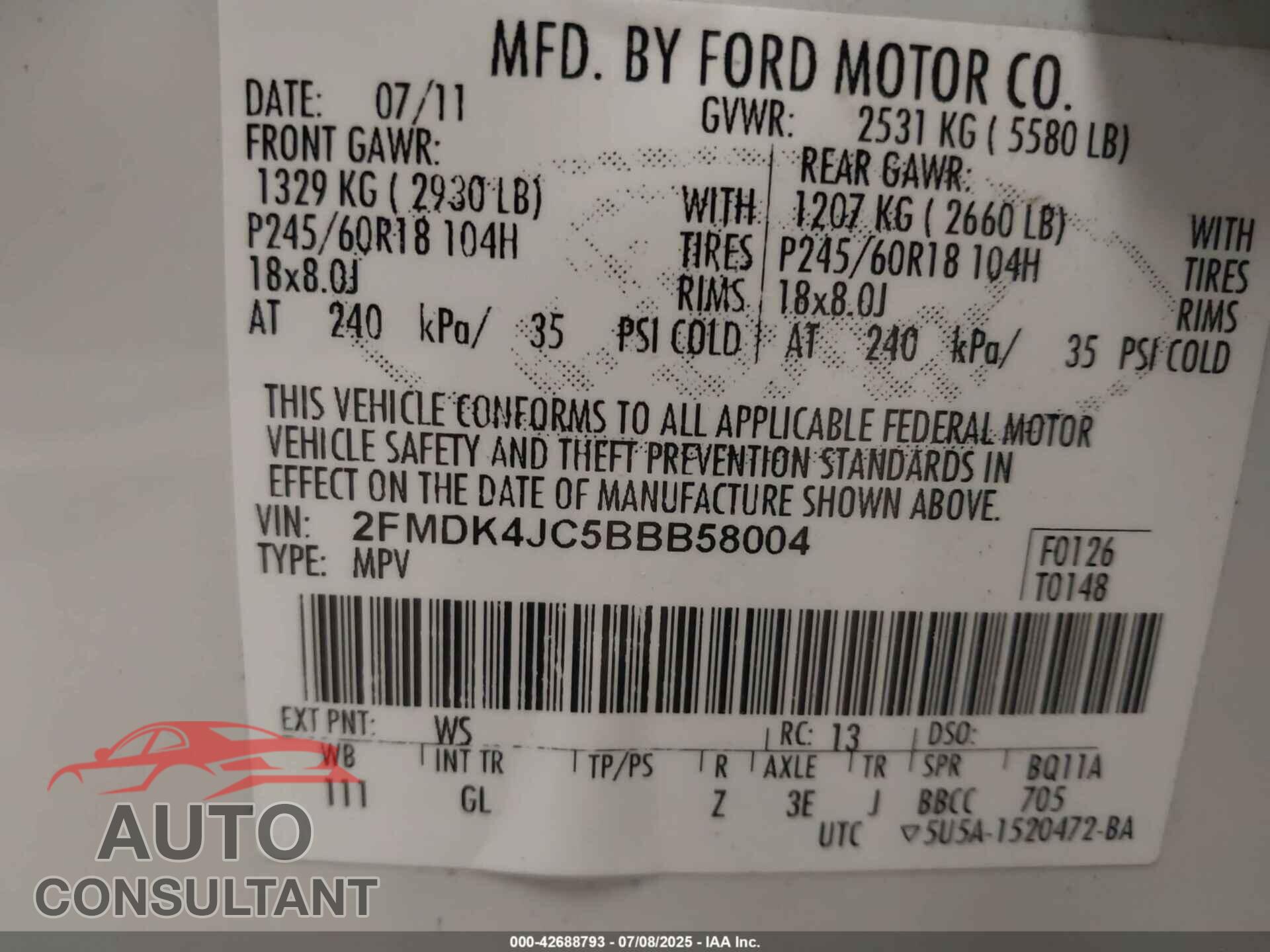 FORD EDGE 2011 - 2FMDK4JC5BBB58004