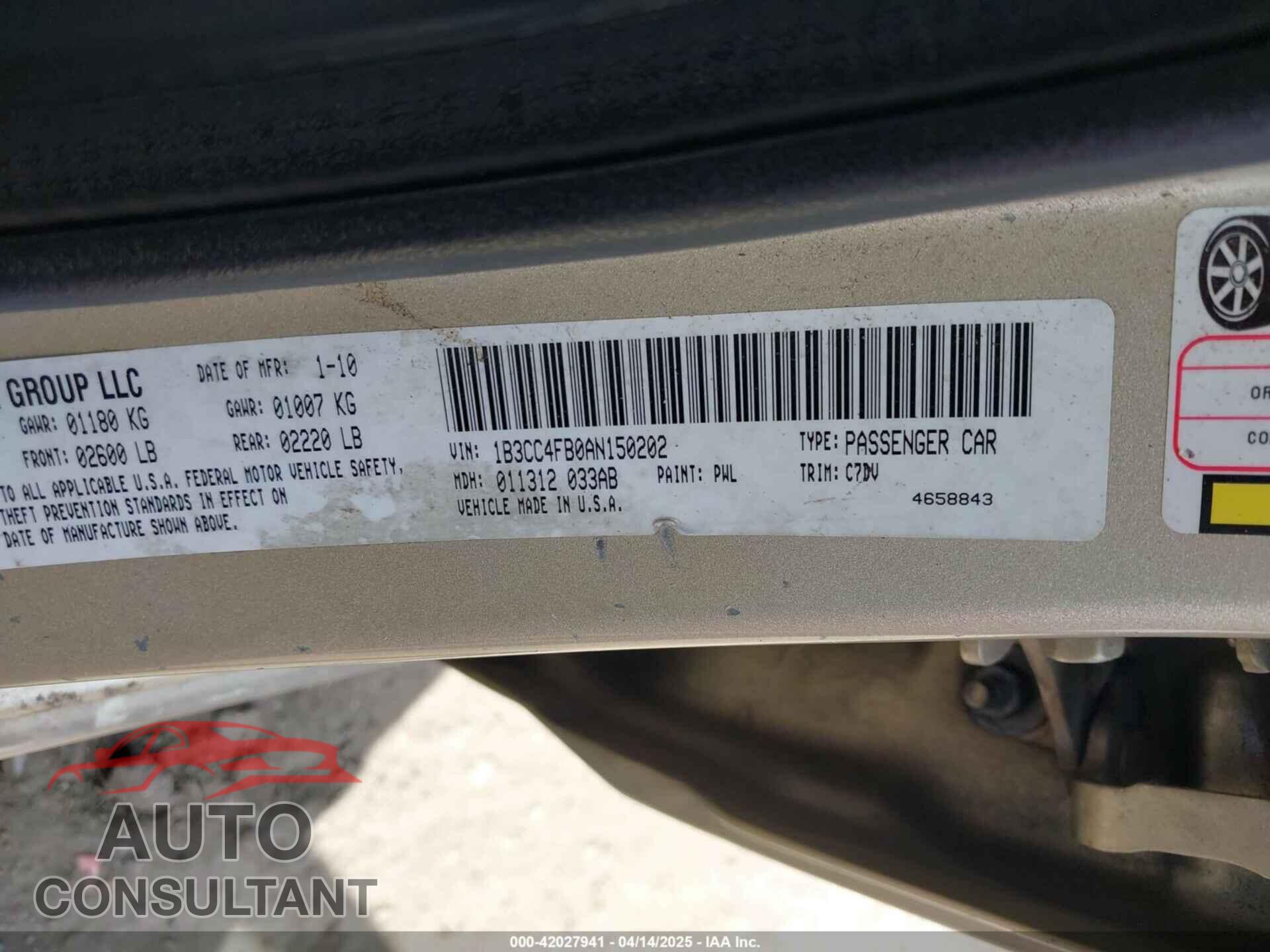 DODGE AVENGER 2010 - 1B3CC4FB0AN150202