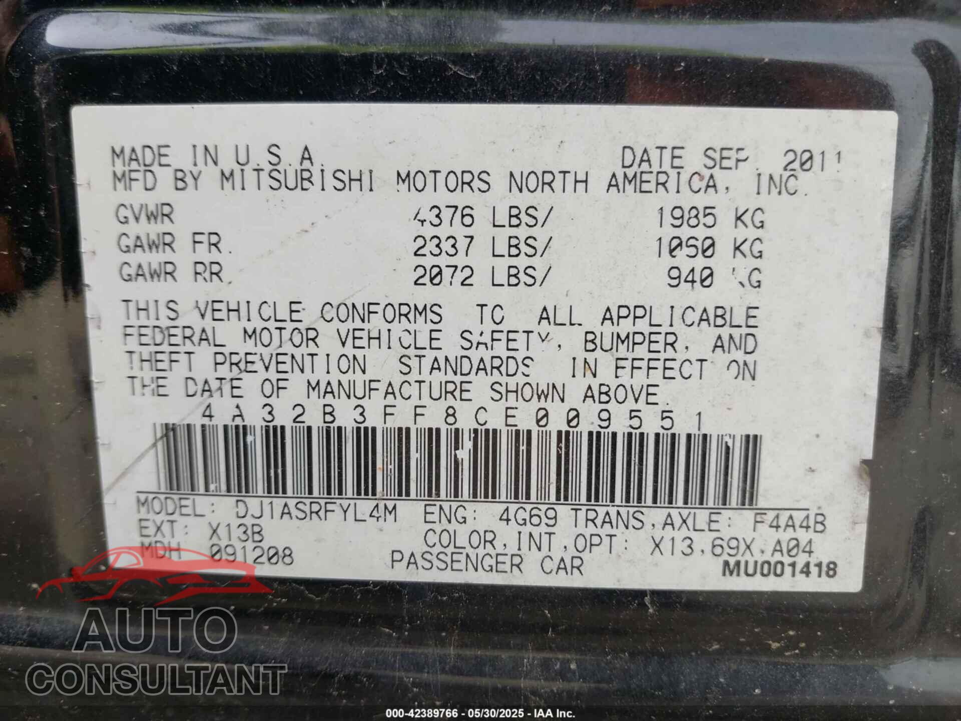 MITSUBISHI GALANT 2012 - 4A32B3FF8CE009551