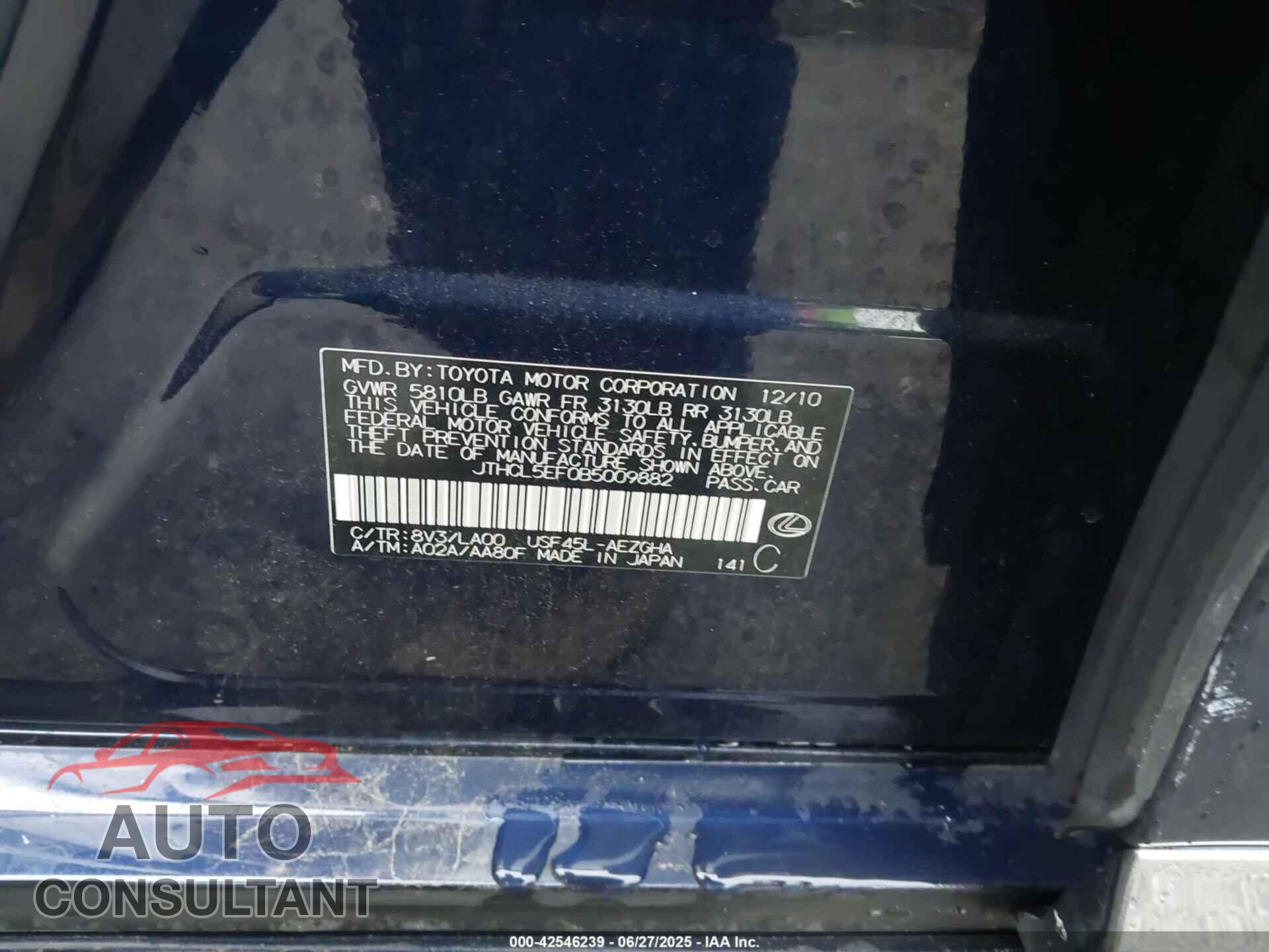 LEXUS LS 460 2011 - JTHCL5EF0B5009882