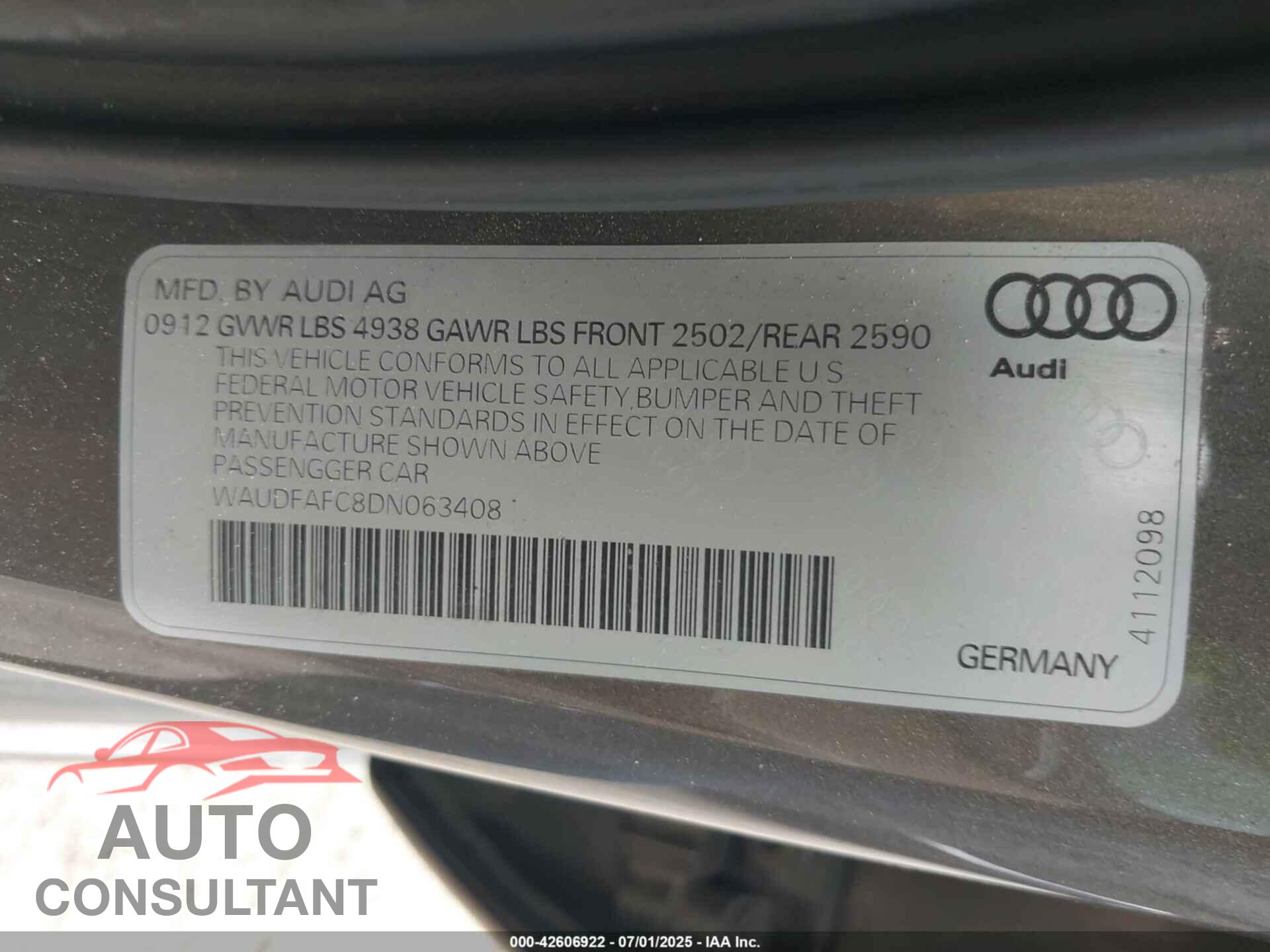 AUDI A6 2013 - WAUDFAFC8DN063408