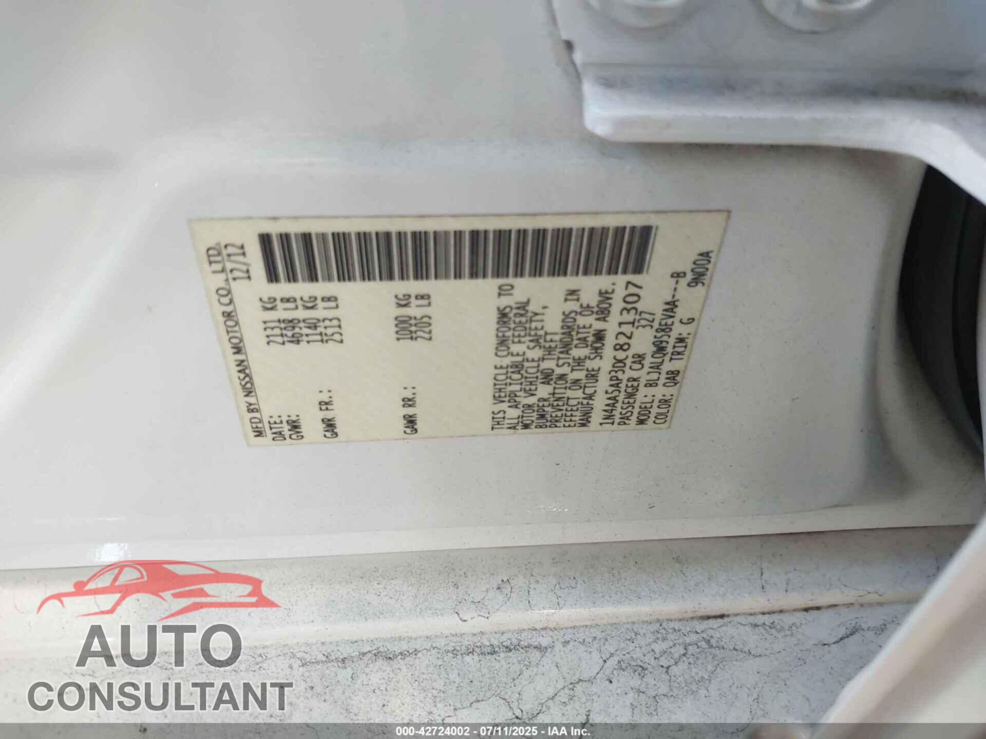 NISSAN MAXIMA 2013 - 1N4AA5AP3DC821307