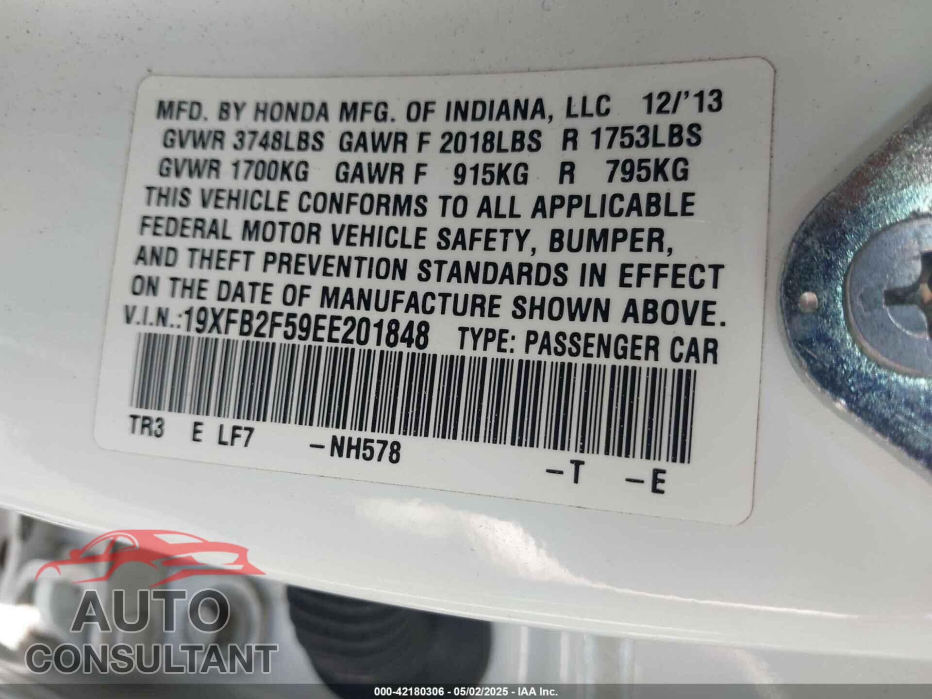 HONDA CIVIC 2014 - 19XFB2F59EE201848