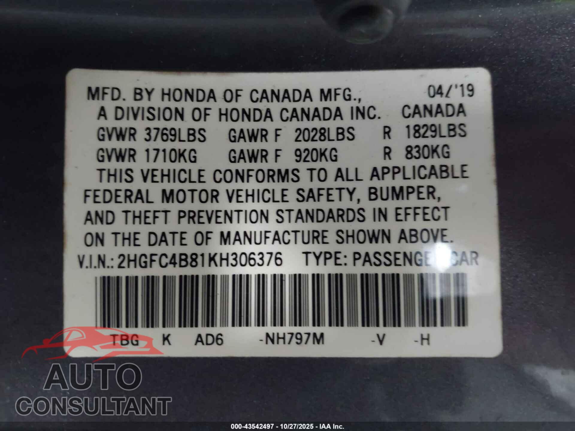 HONDA CIVIC 2019 - 2HGFC4B81KH306376