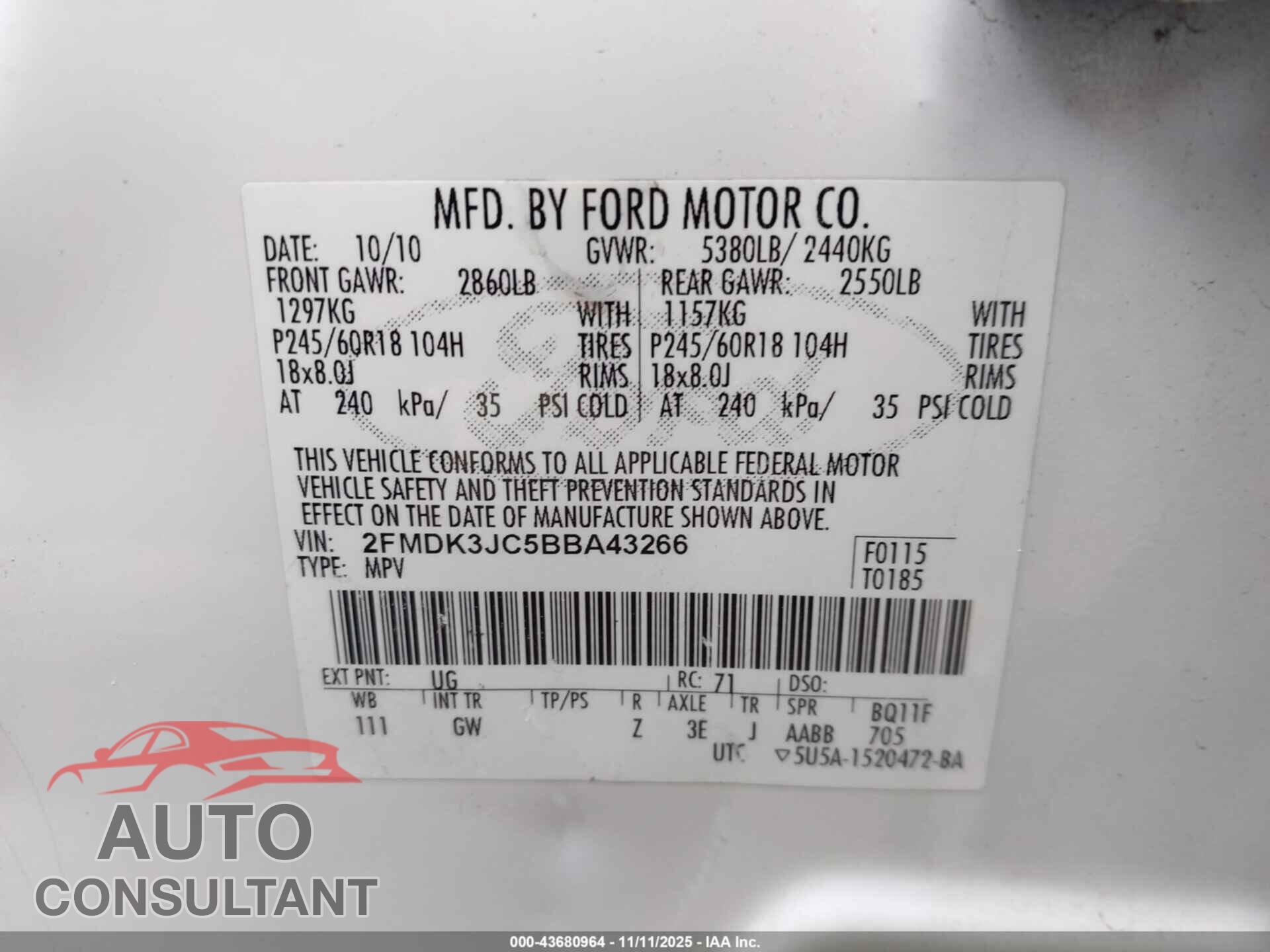FORD EDGE 2011 - 2FMDK3JC5BBA43266