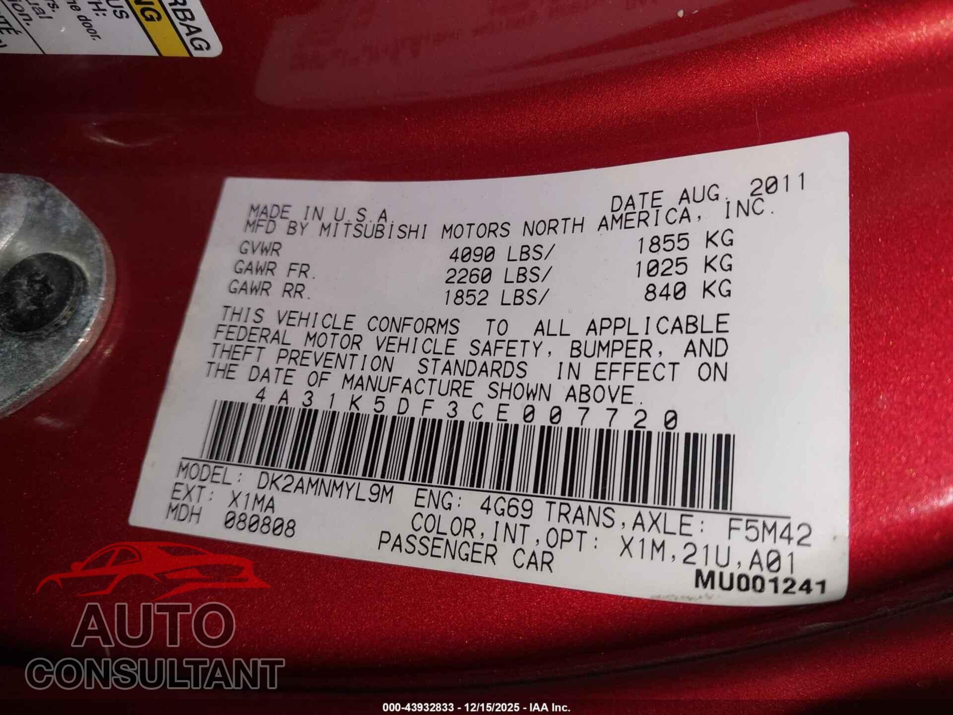 MITSUBISHI ECLIPSE 2012 - 4A31K5DF3CE007720