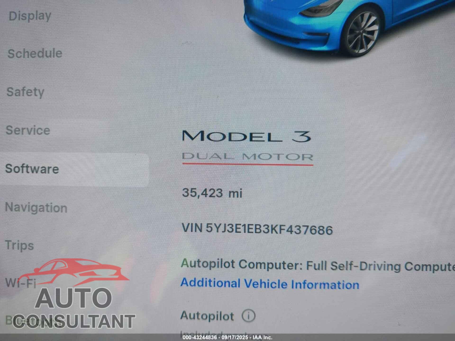 TESLA MODEL 3 2019 - 5YJ3E1EB3KF437686
