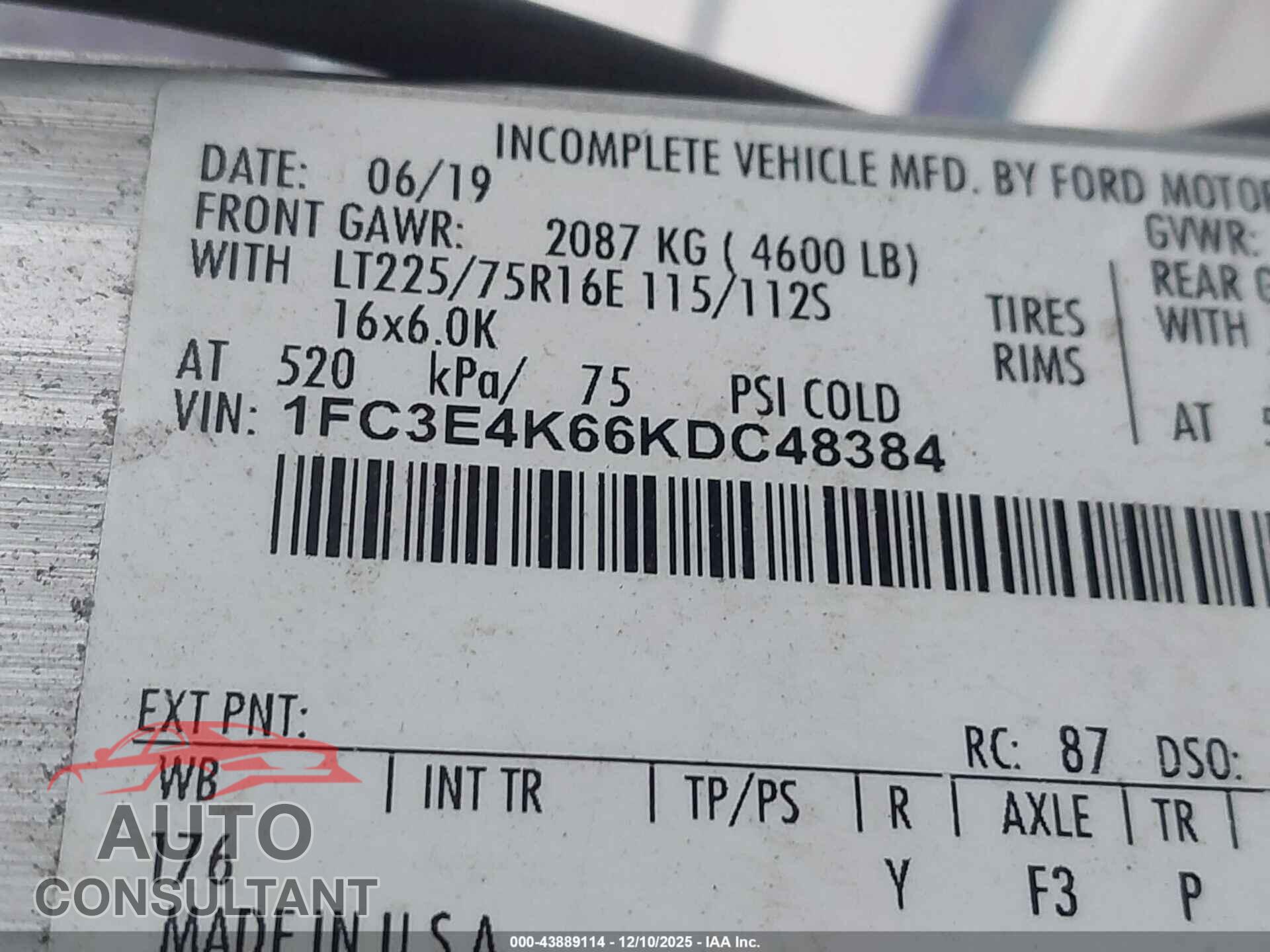 FORD E-450 STRIPPED 2019 - 1FC3E4K66KDC48384