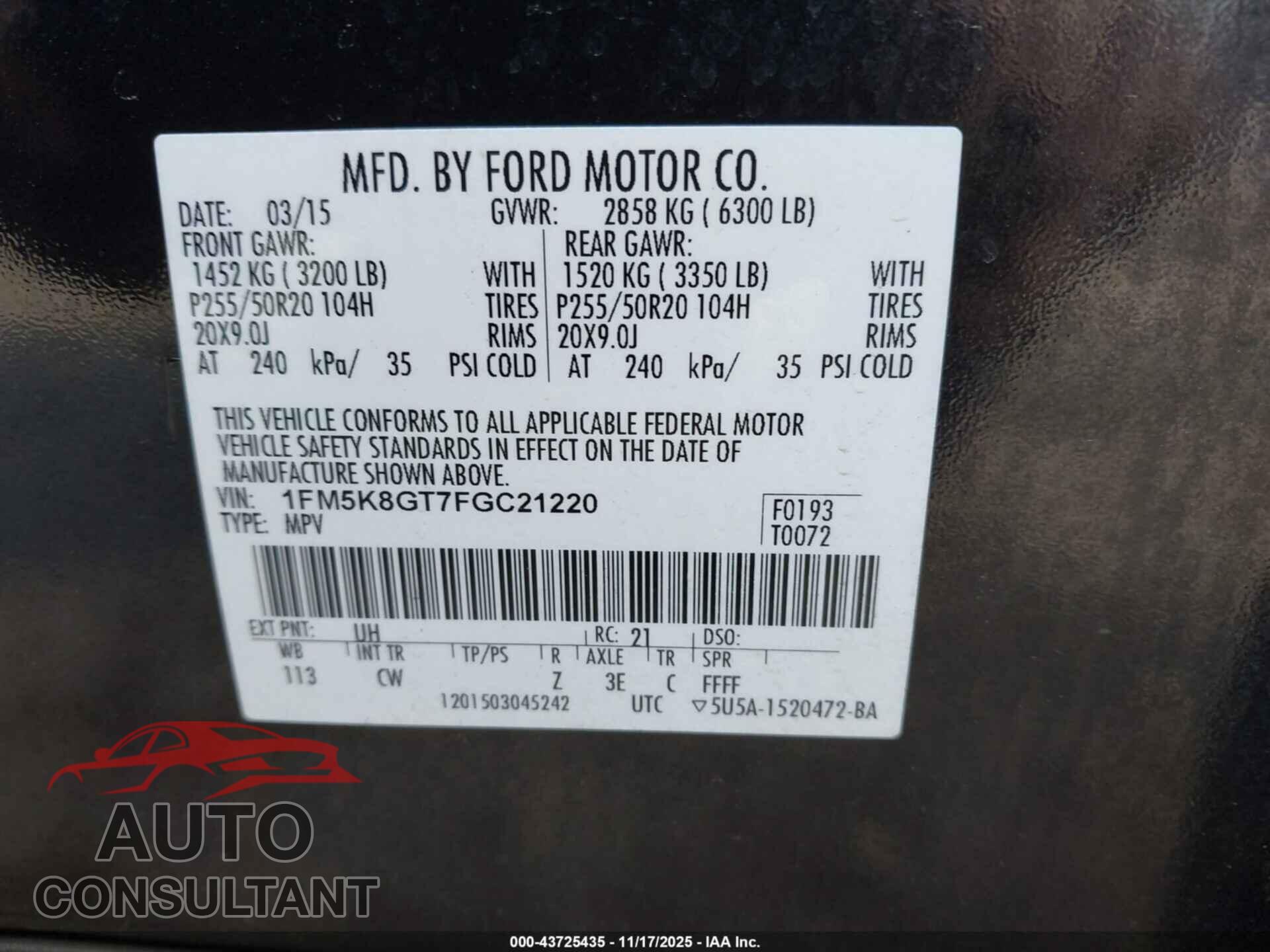 FORD EXPLORER 2015 - 1FM5K8GT7FGC21220