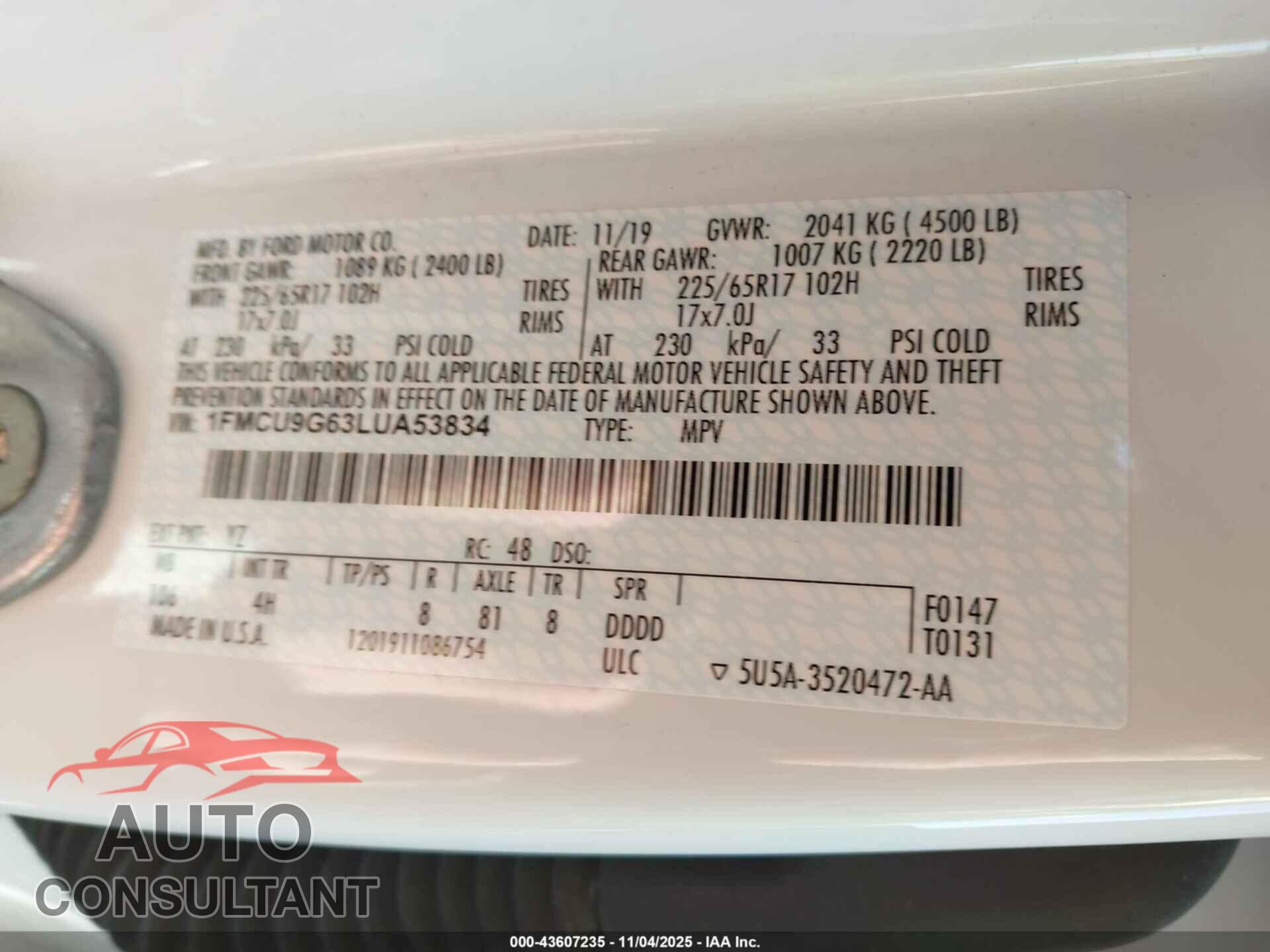 FORD ESCAPE 2020 - 1FMCU9G63LUA53834