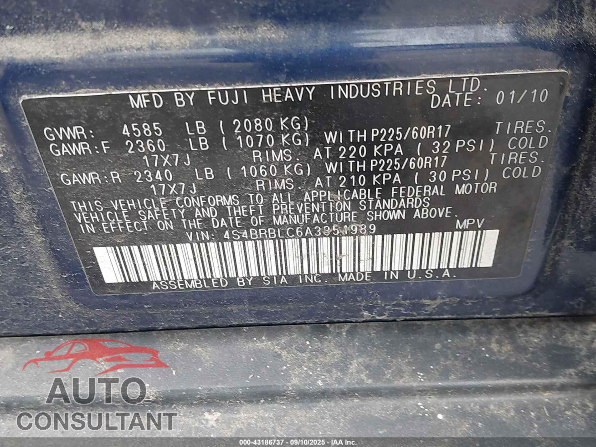 SUBARU OUTBACK 2010 - 4S4BRBLC6A3351989