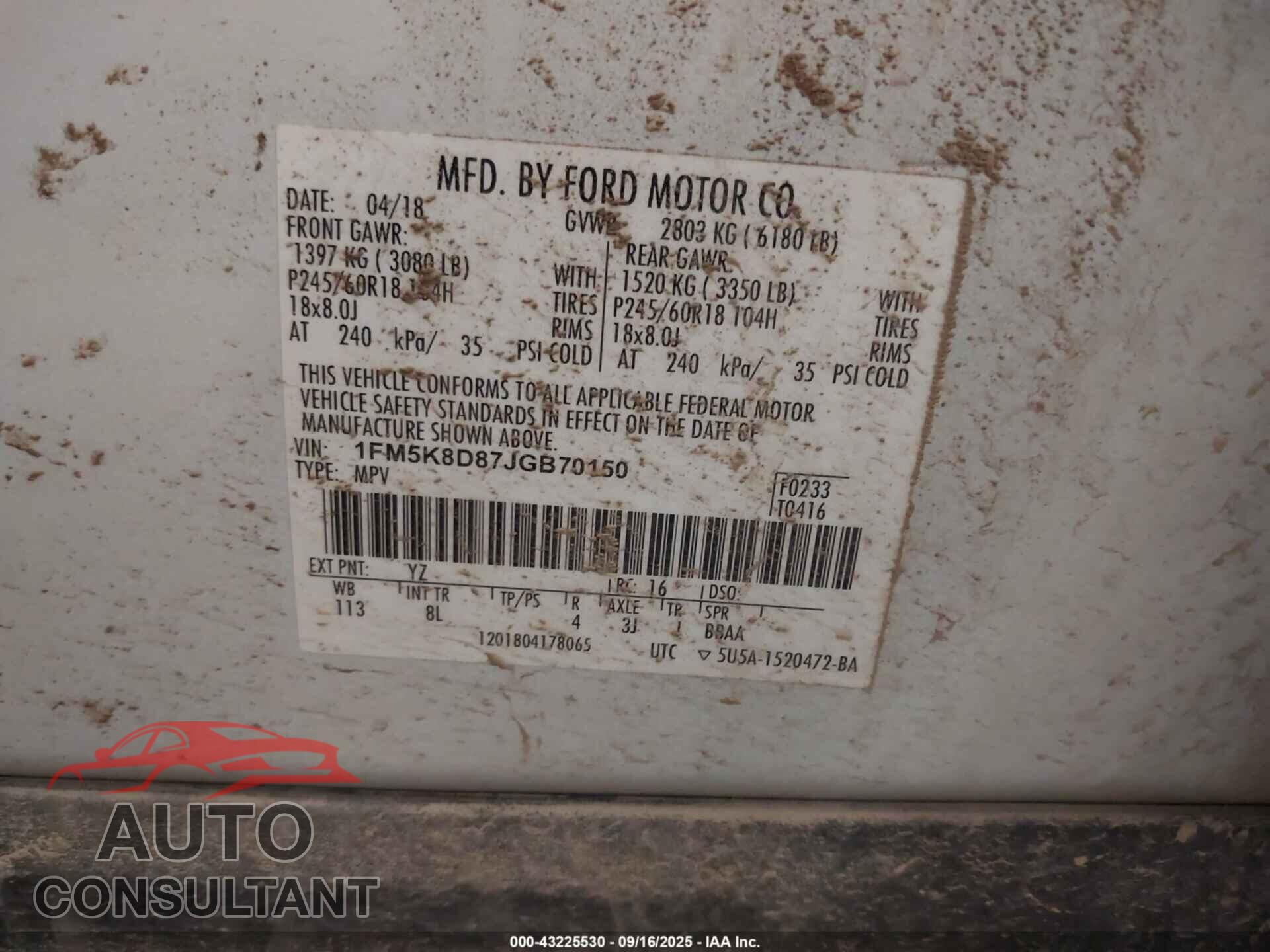 FORD EXPLORER 2018 - 1FM5K8D87JGB70150