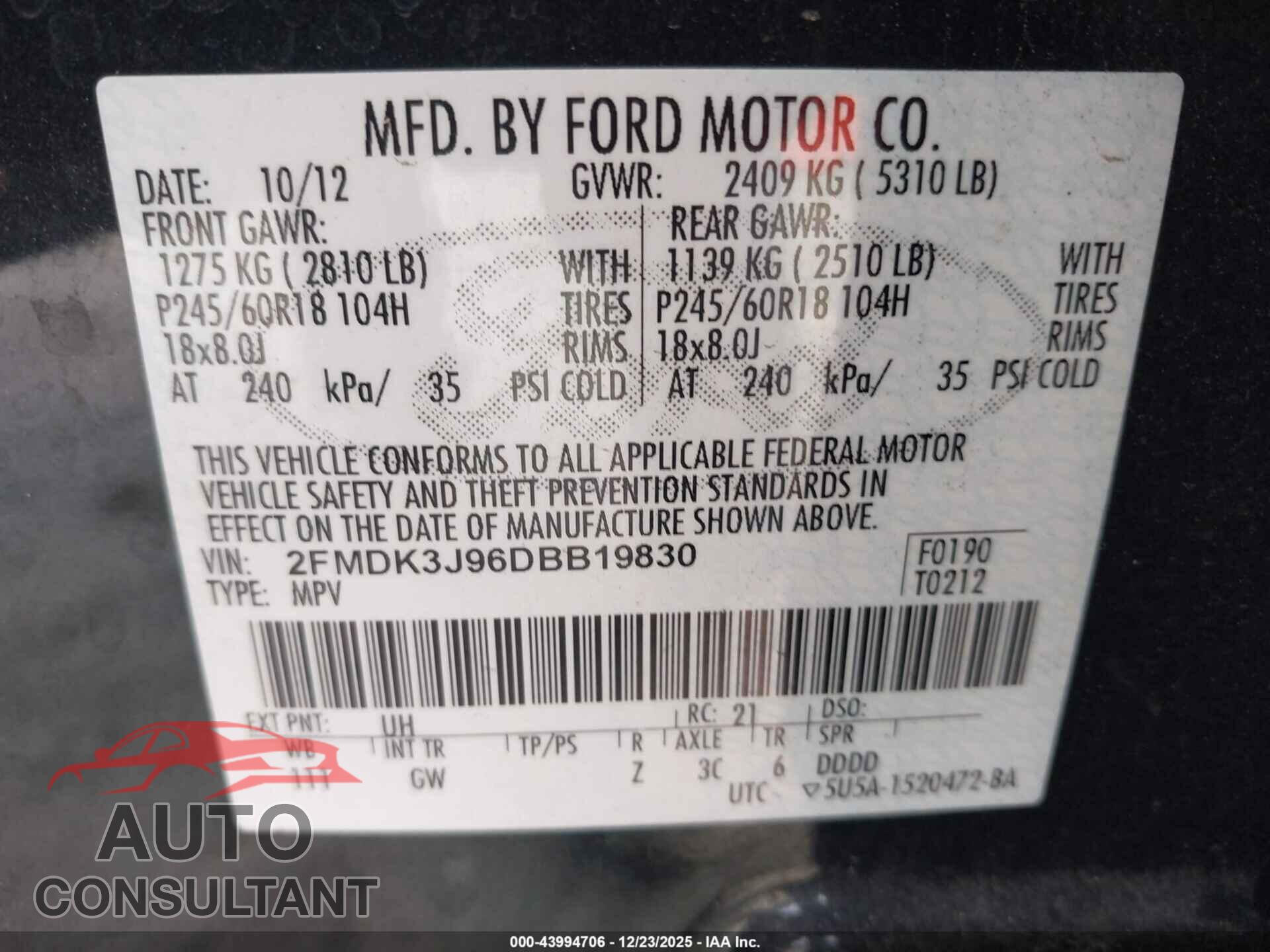 FORD EDGE 2013 - 2FMDK3J96DBB19830
