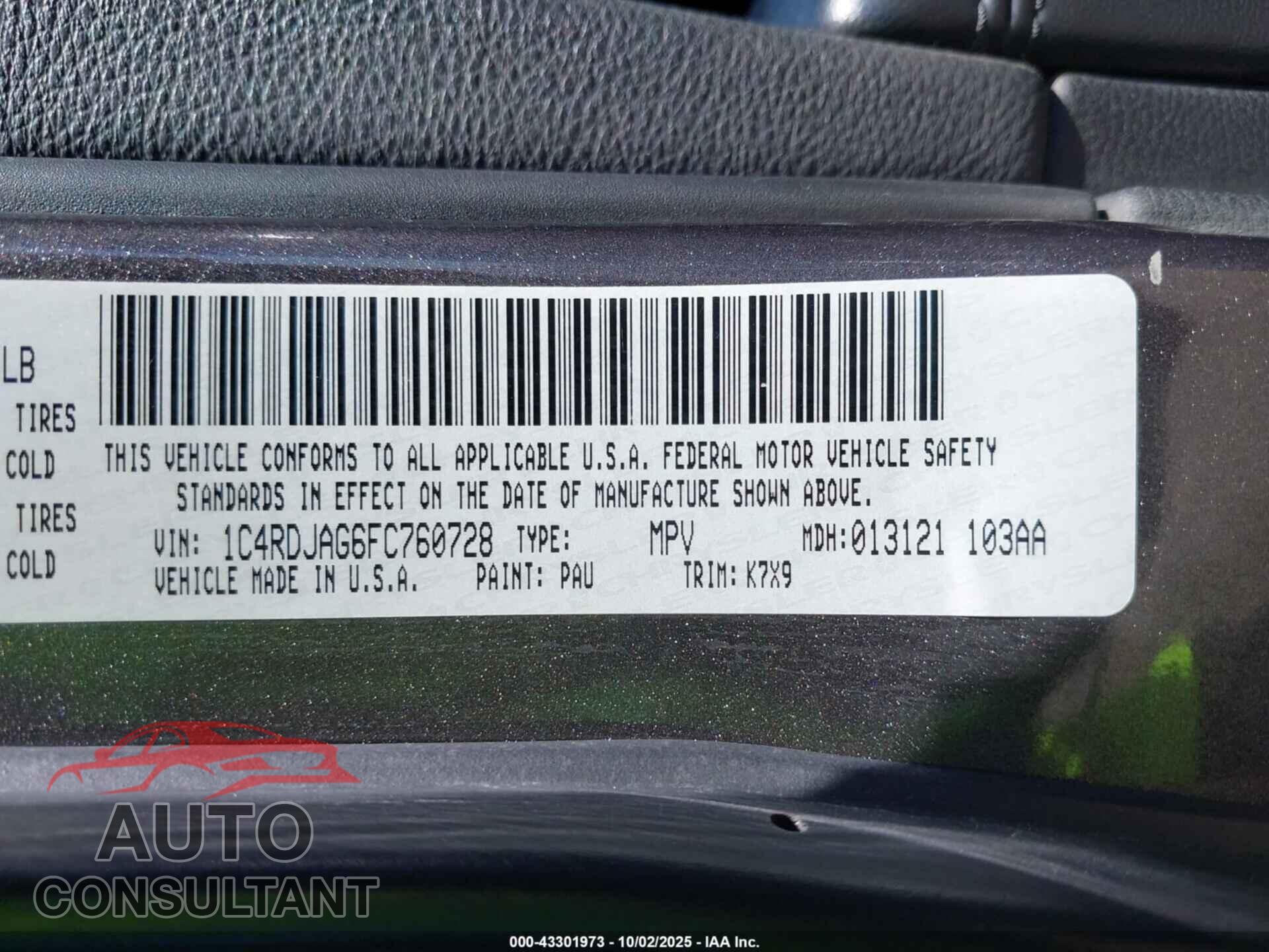 DODGE DURANGO 2015 - 1C4RDJAG6FC760728