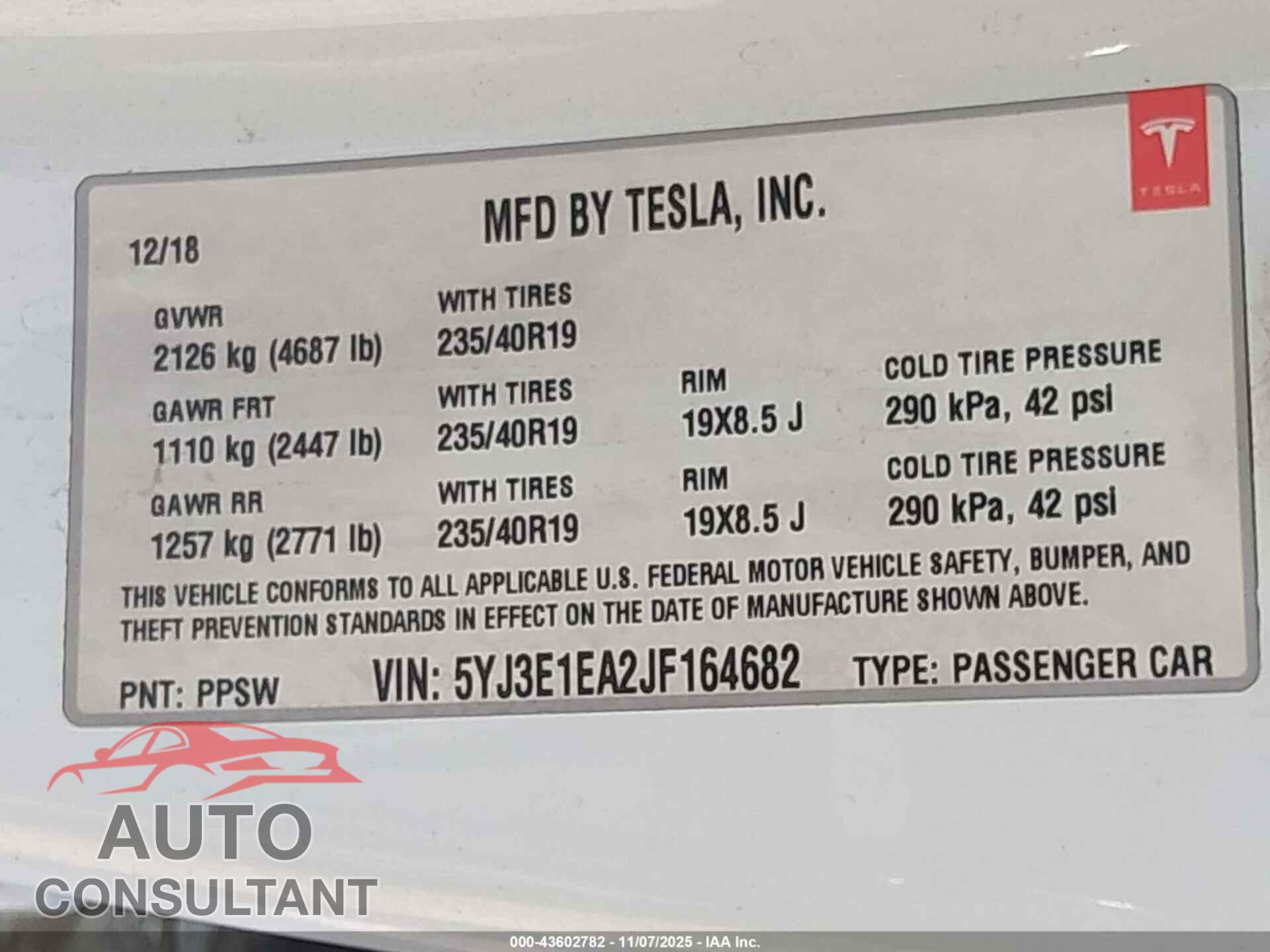 TESLA MODEL 3 2018 - 5YJ3E1EA2JF164682