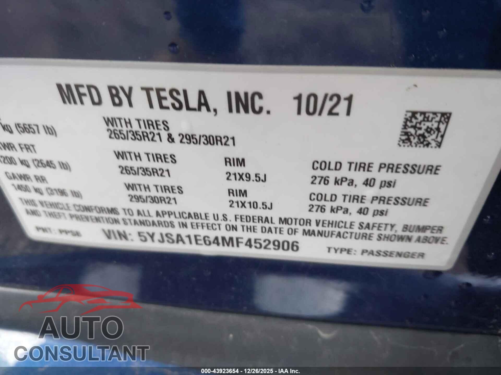 TESLA MODEL S 2021 - 5YJSA1E64MF452906