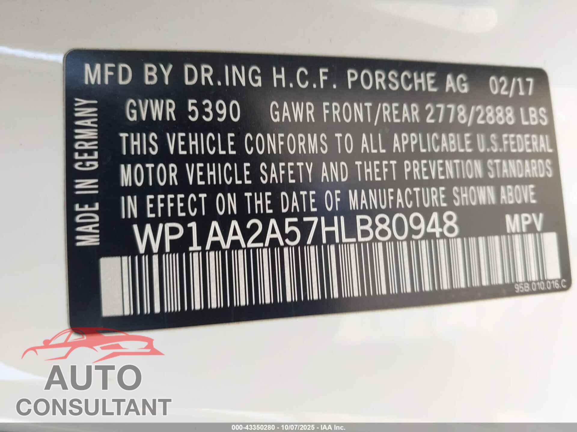 PORSCHE MACAN 2017 - WP1AA2A57HLB80948