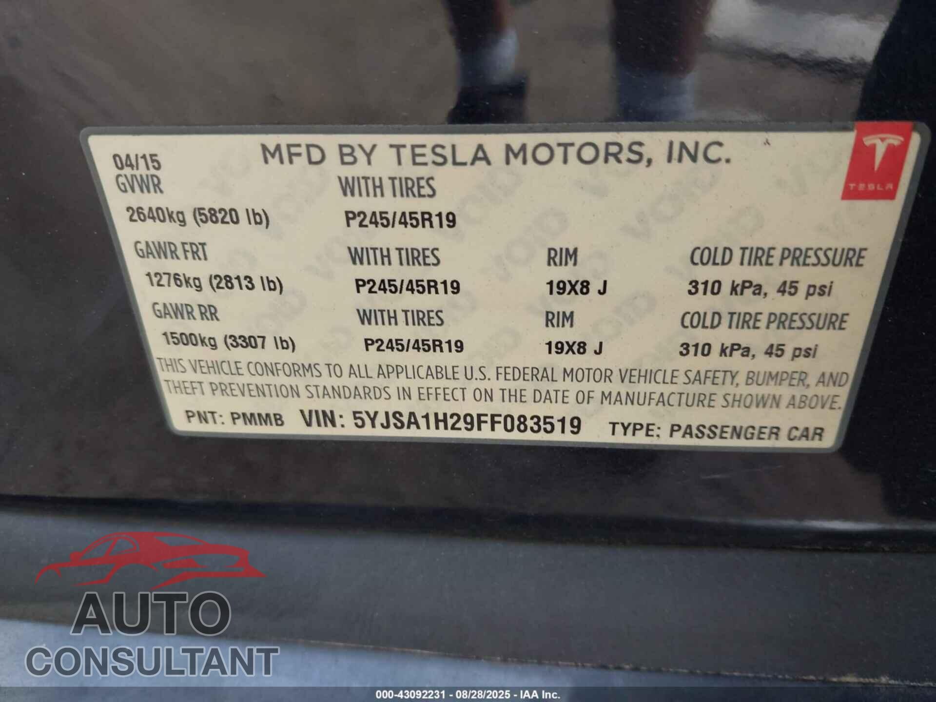 TESLA MODEL S 2015 - 5YJSA1H29FF083519