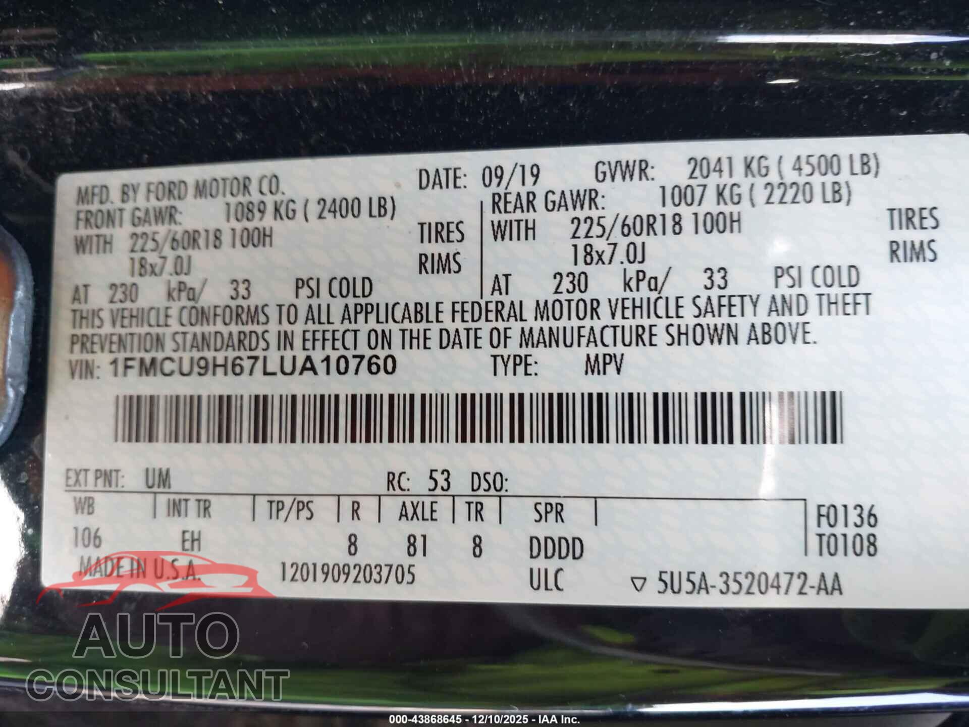FORD ESCAPE 2020 - 1FMCU9H67LUA10760