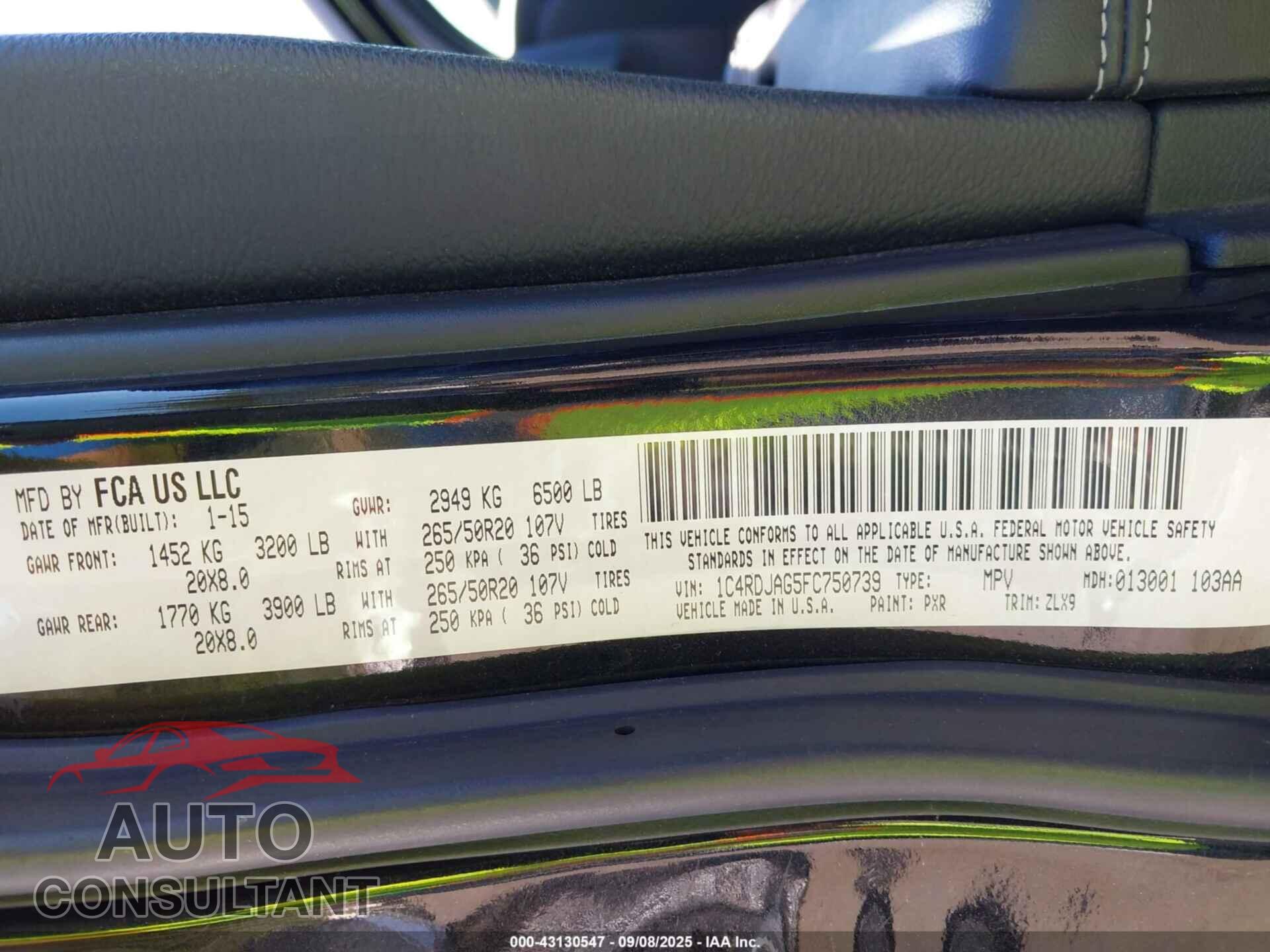 DODGE DURANGO 2015 - 1C4RDJAG5FC750739
