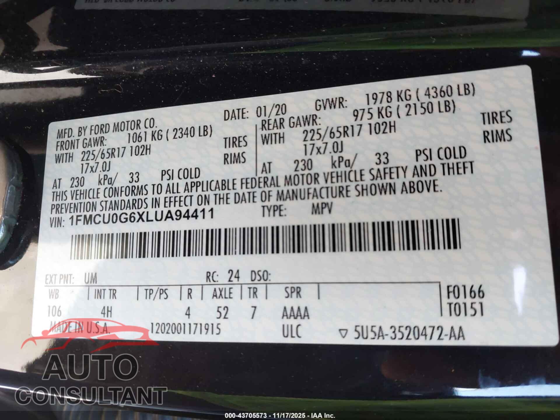 FORD ESCAPE 2020 - 1FMCU0G6XLUA94411