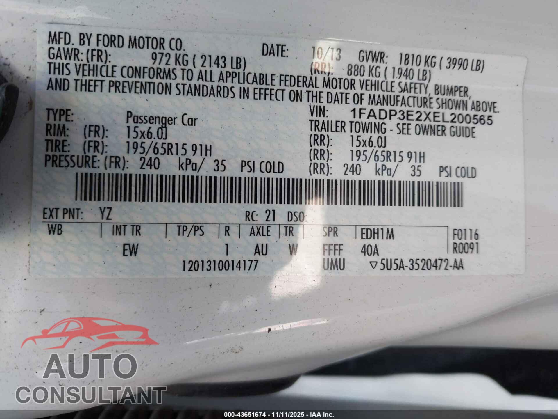 FORD FOCUS 2014 - 1FADP3E2XEL200565