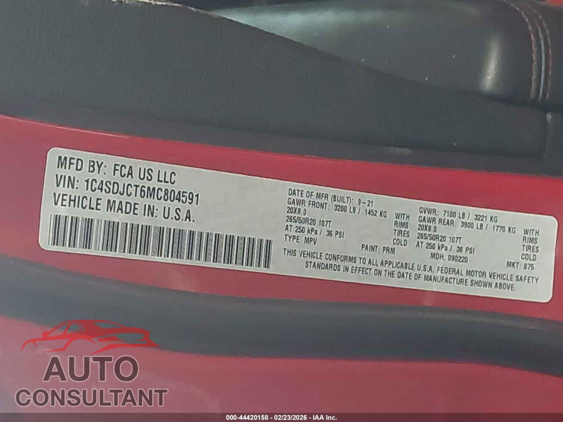 DODGE DURANGO 2021 - 1C4SDJCT6MC804591