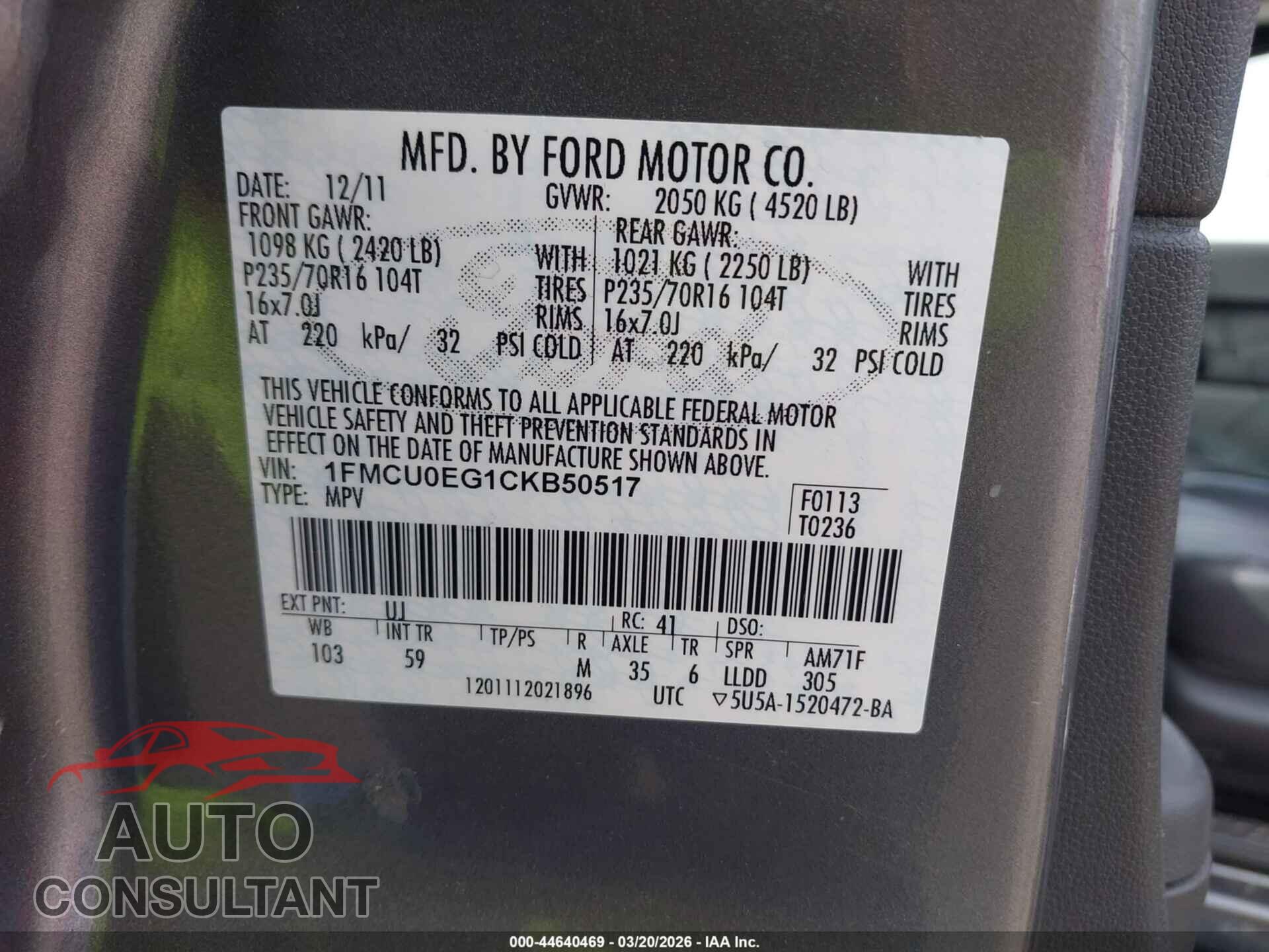 FORD ESCAPE 2012 - 1FMCU0EG1CKB50517