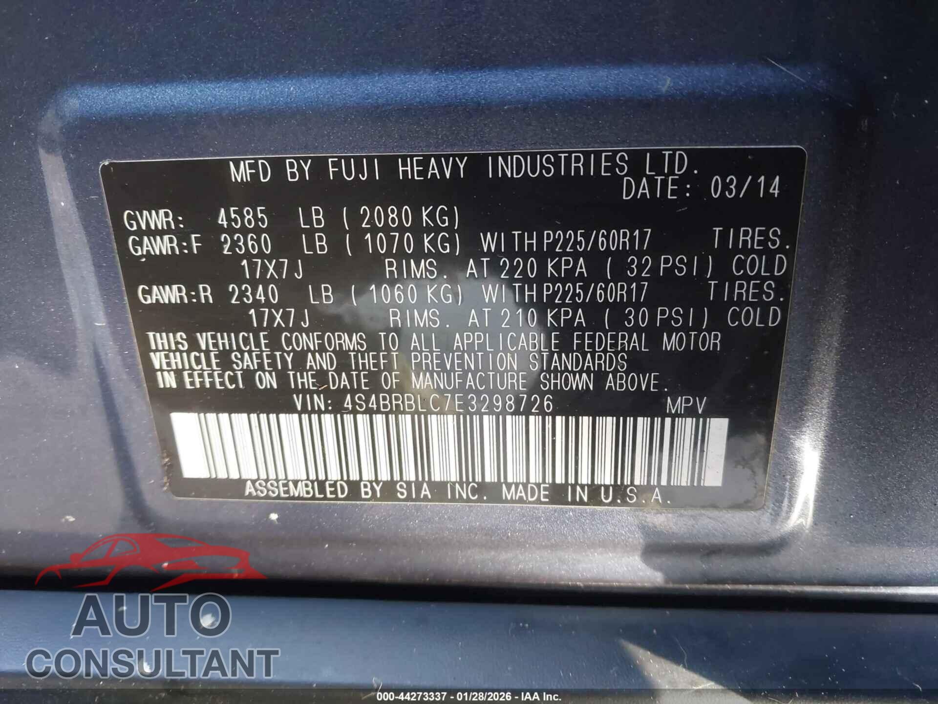 SUBARU OUTBACK 2014 - 4S4BRBLC7E3298726