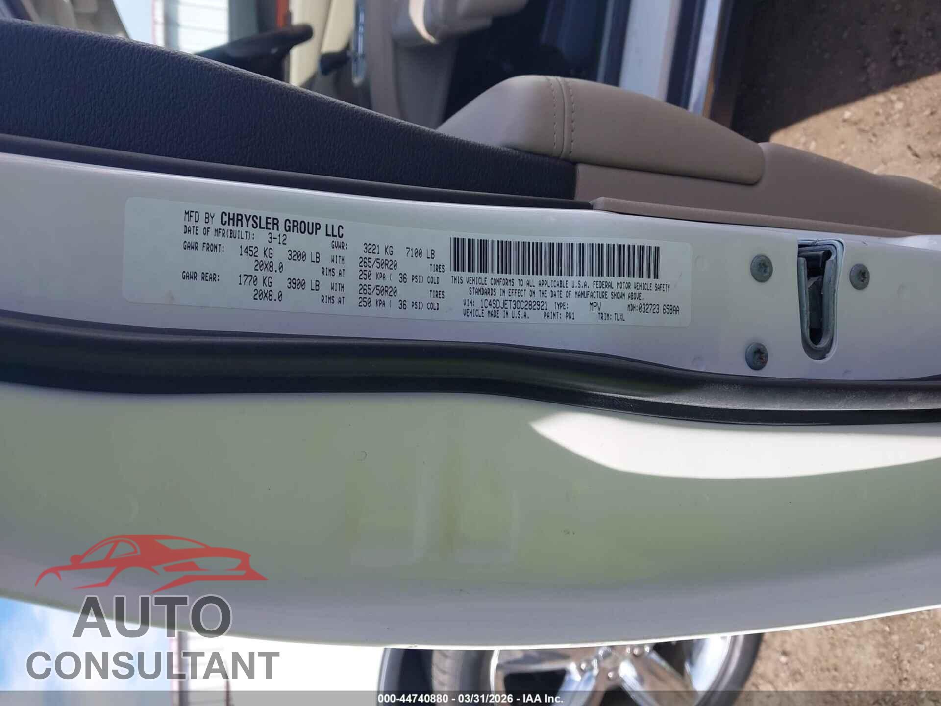 DODGE DURANGO 2012 - 1C4SDJET3CC282921