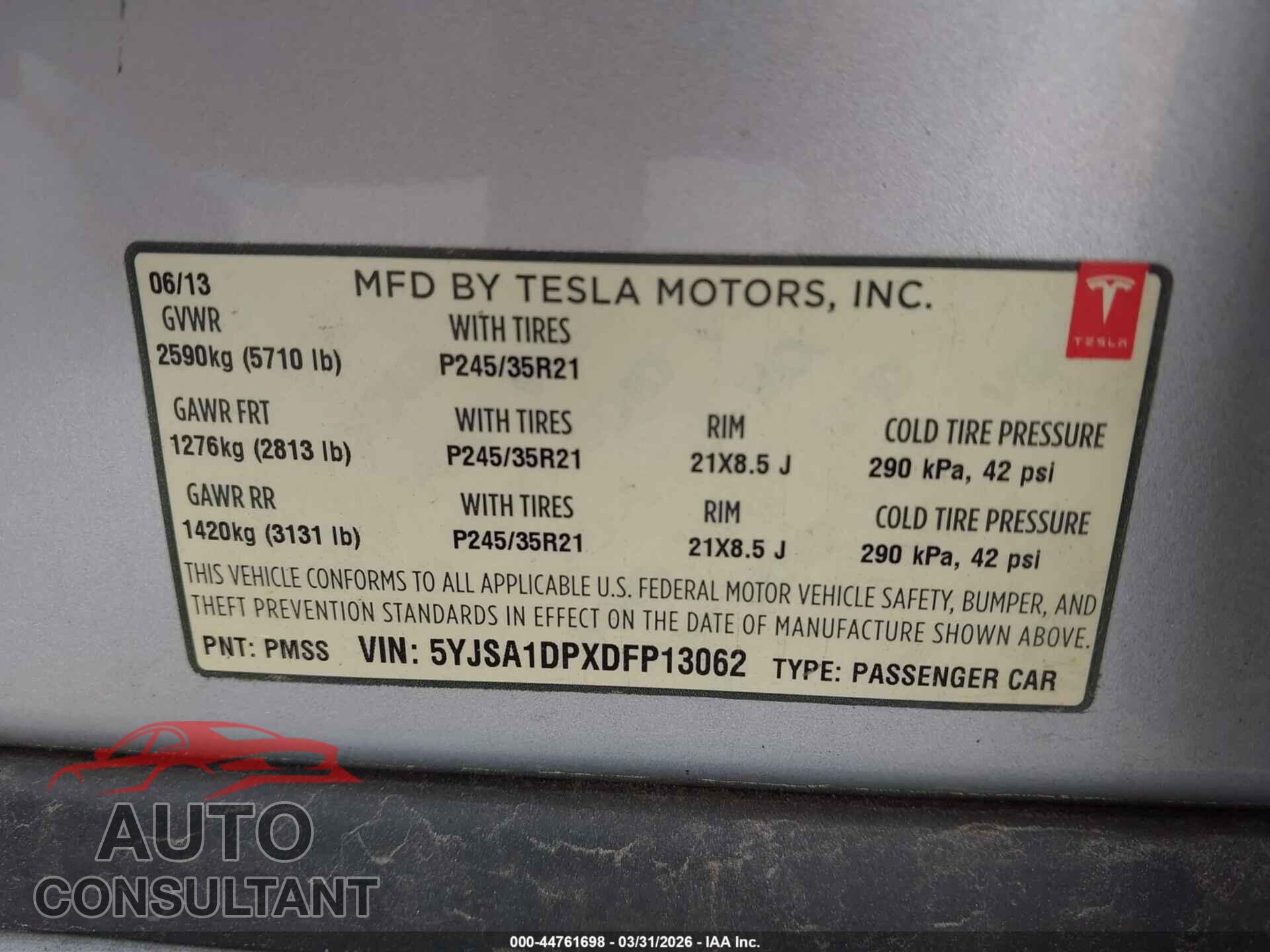 TESLA MODEL S 2013 - 5YJSA1DPXDFP13062