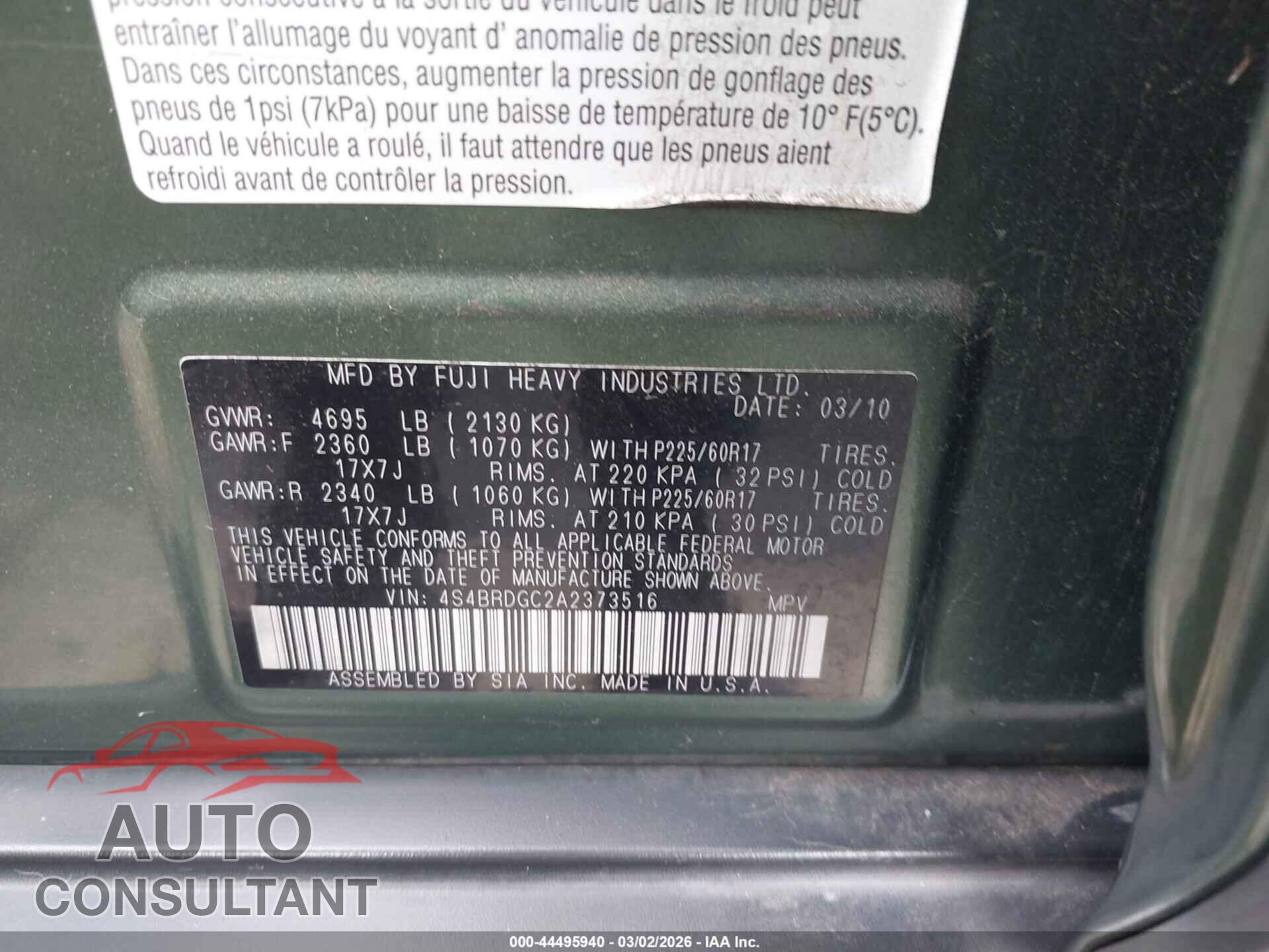 SUBARU OUTBACK 2010 - 4S4BRDGC2A2373516