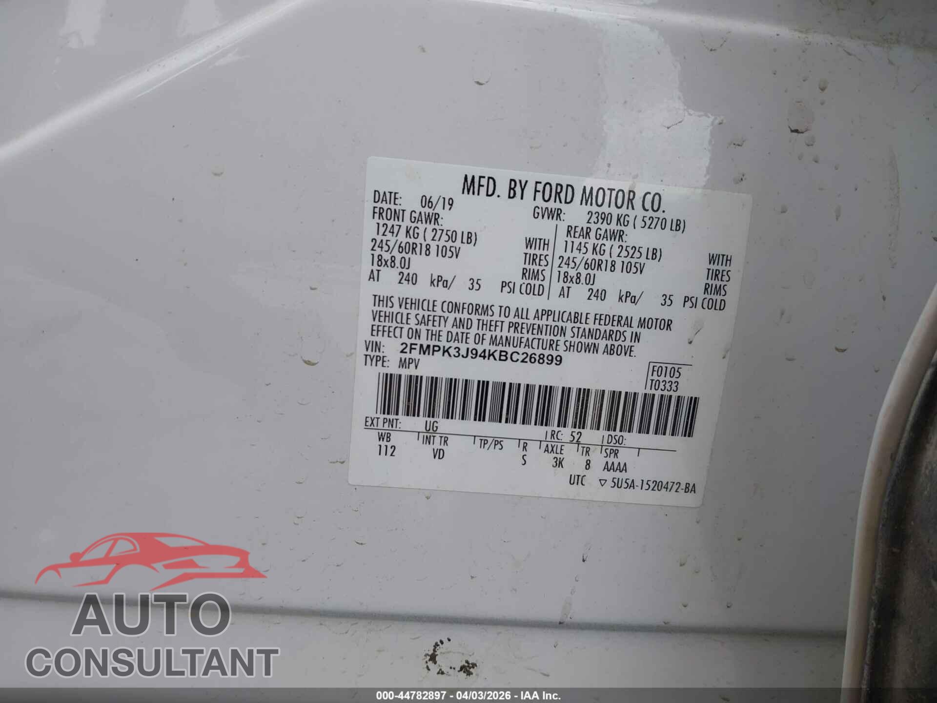 FORD EDGE 2019 - 2FMPK3J94KBC26899