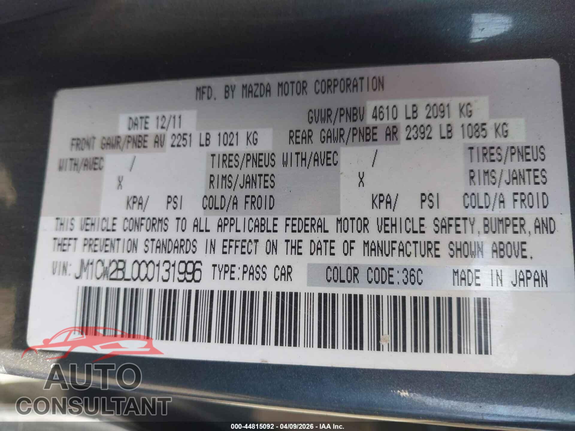 MAZDA MAZDA5 2012 - JM1CW2BL0C0131996