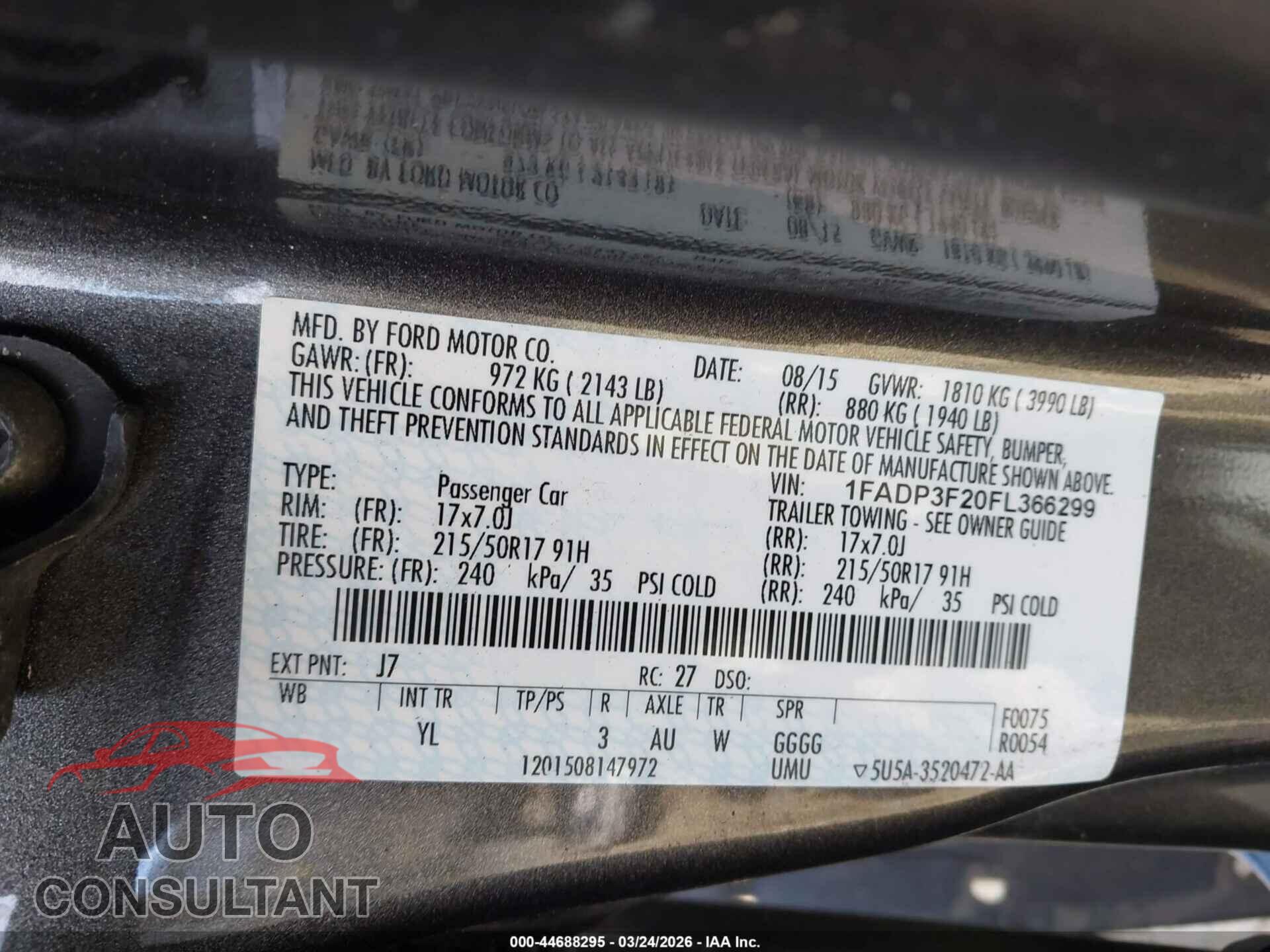 FORD FOCUS 2015 - 1FADP3F20FL366299