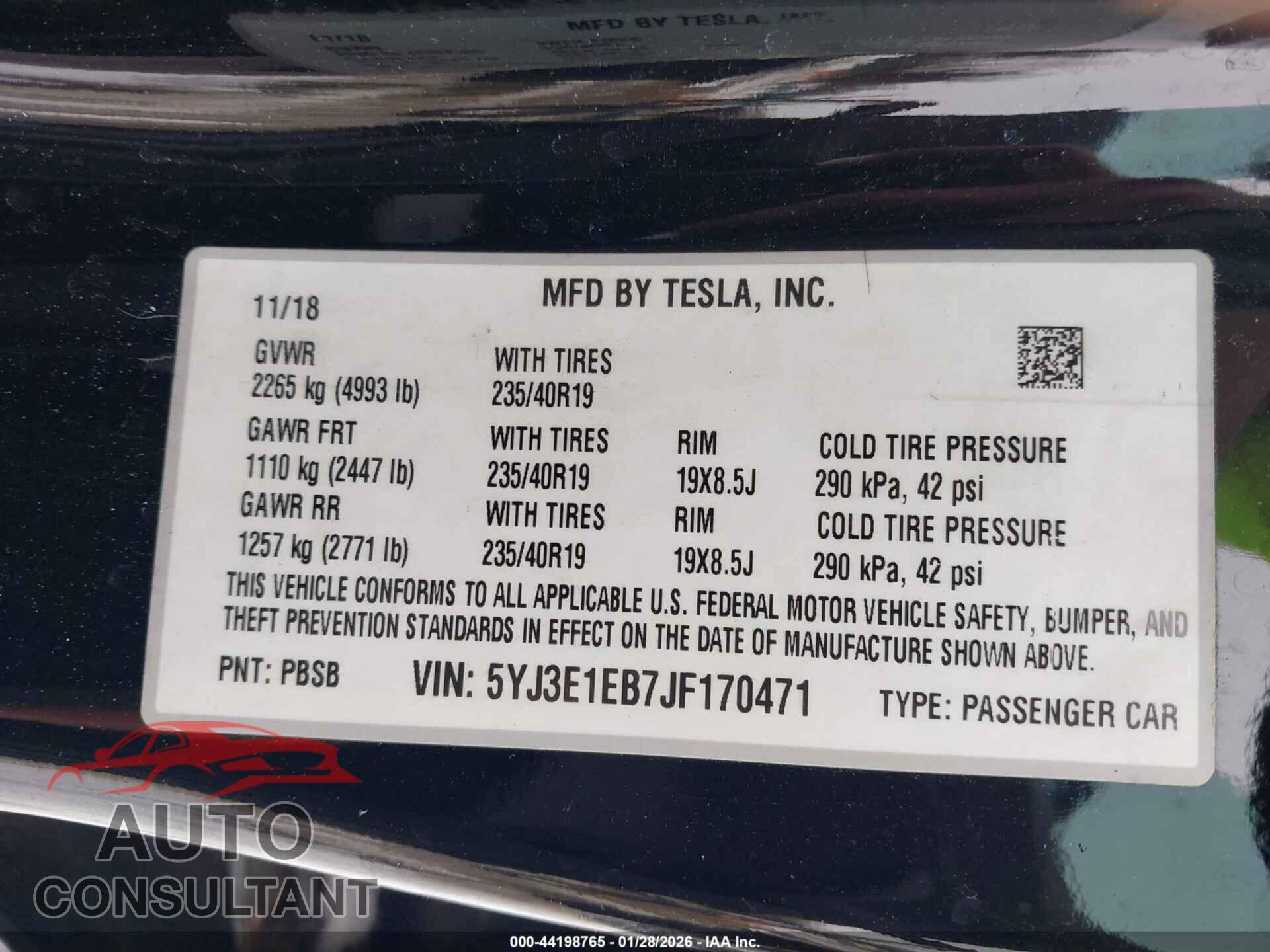 TESLA MODEL 3 2018 - 5YJ3E1EB7JF170471