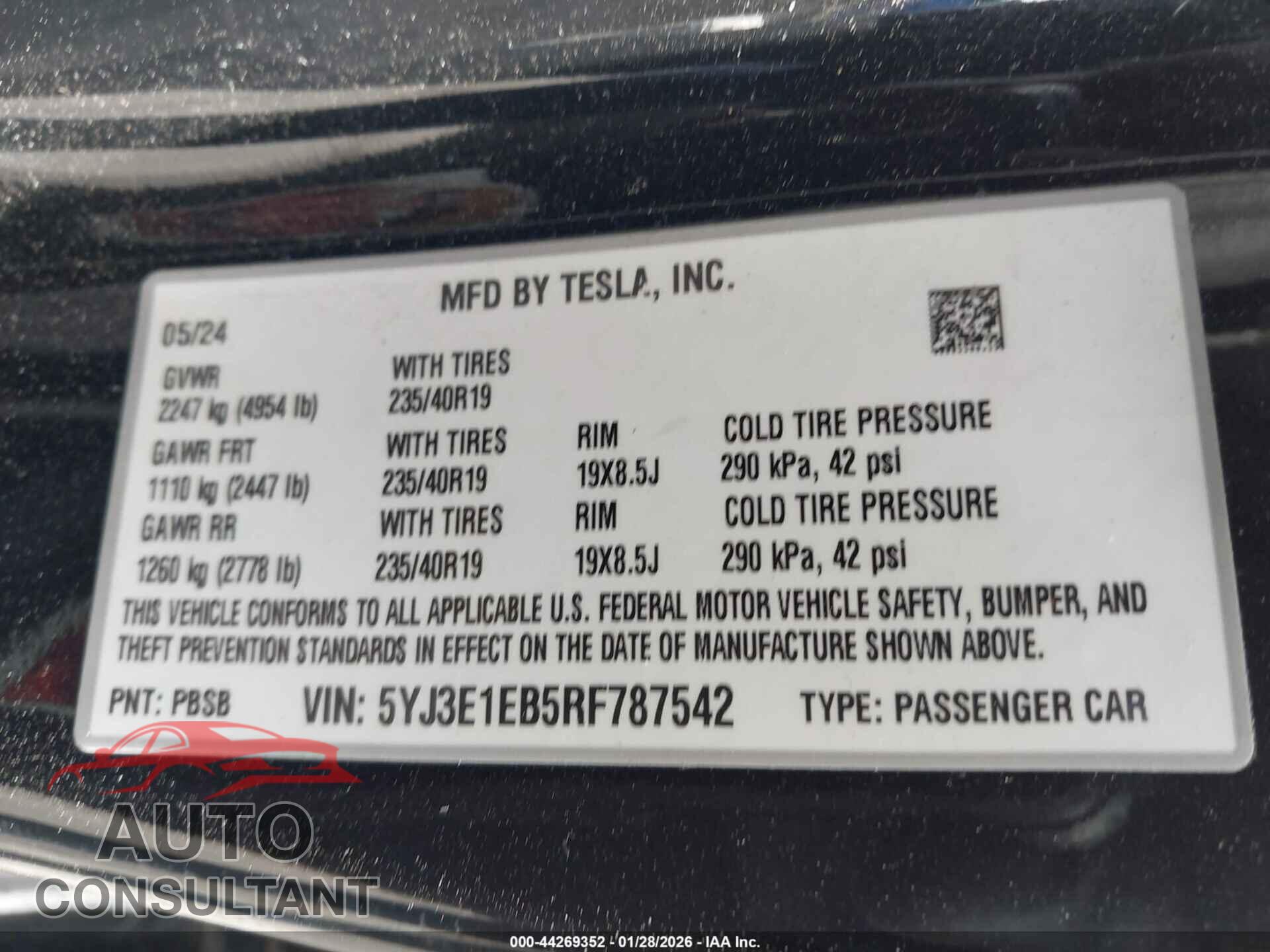 TESLA MODEL 3 2024 - 5YJ3E1EB5RF787542