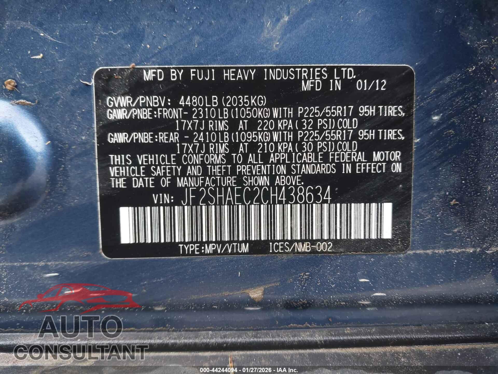 SUBARU FORESTER 2012 - JF2SHAEC2CH438634
