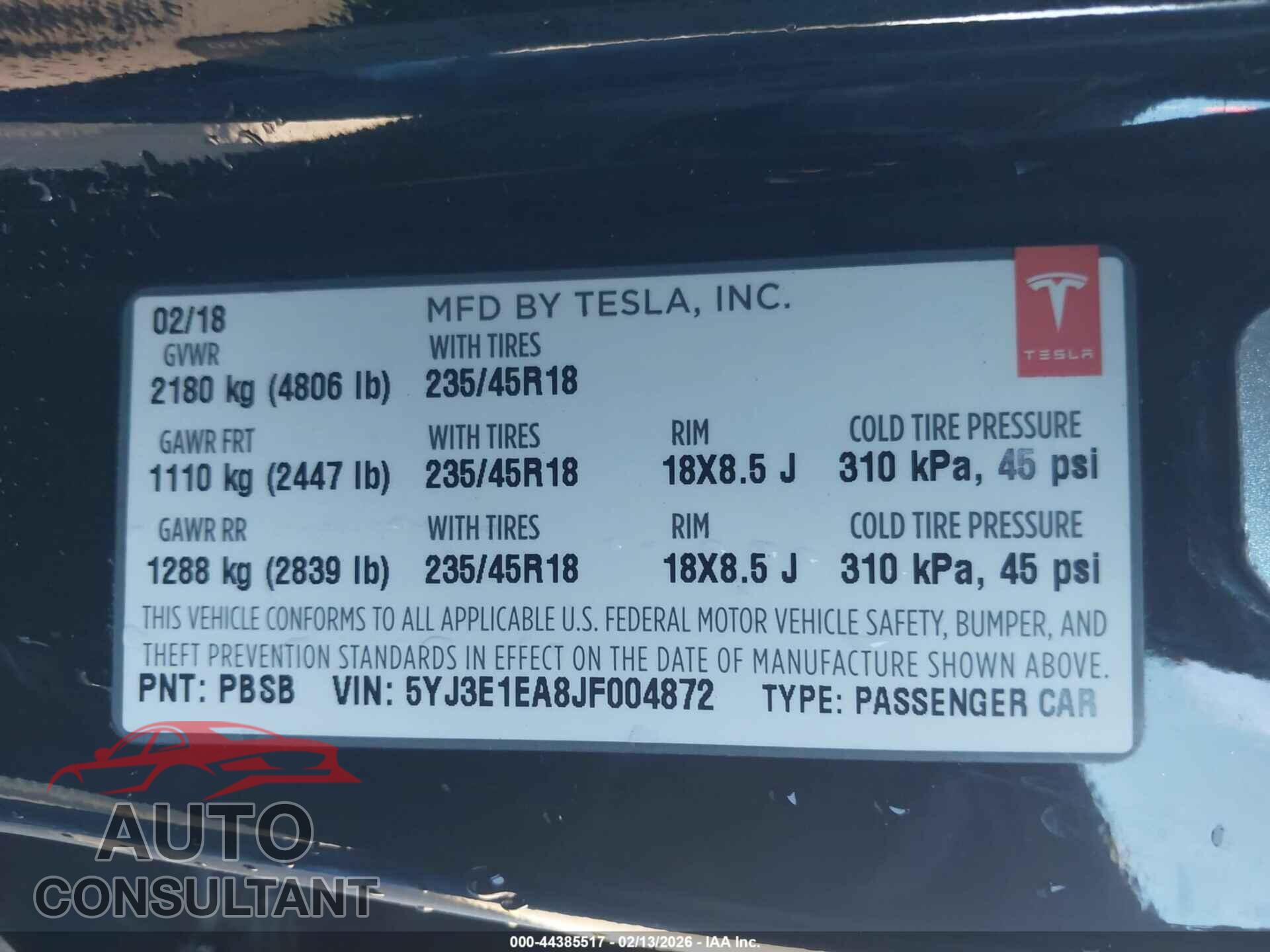 TESLA MODEL 3 2018 - 5YJ3E1EA8JF004872