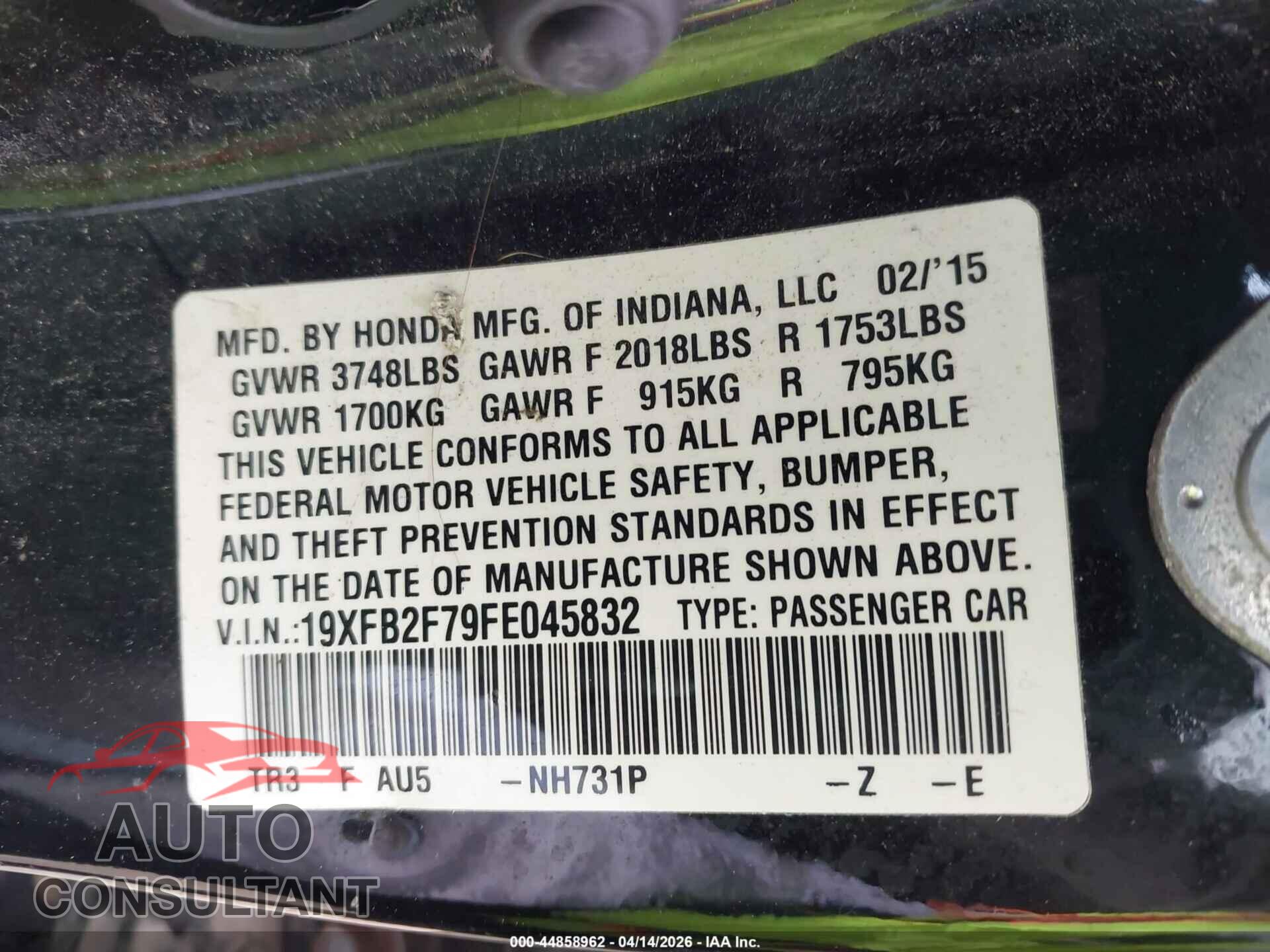 HONDA CIVIC 2015 - 19XFB2F79FE045832