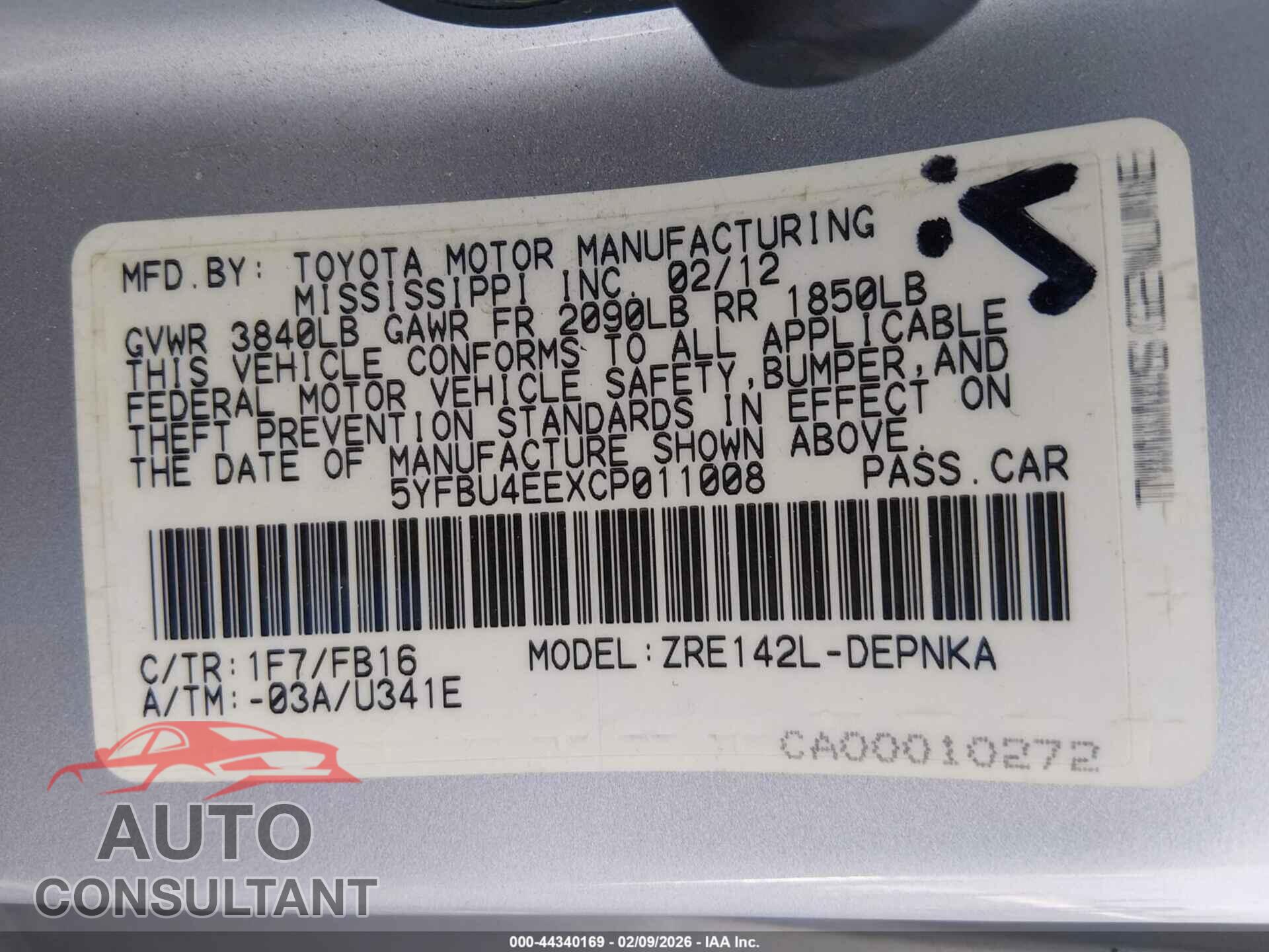 TOYOTA COROLLA 2012 - 5YFBU4EEXCP011008